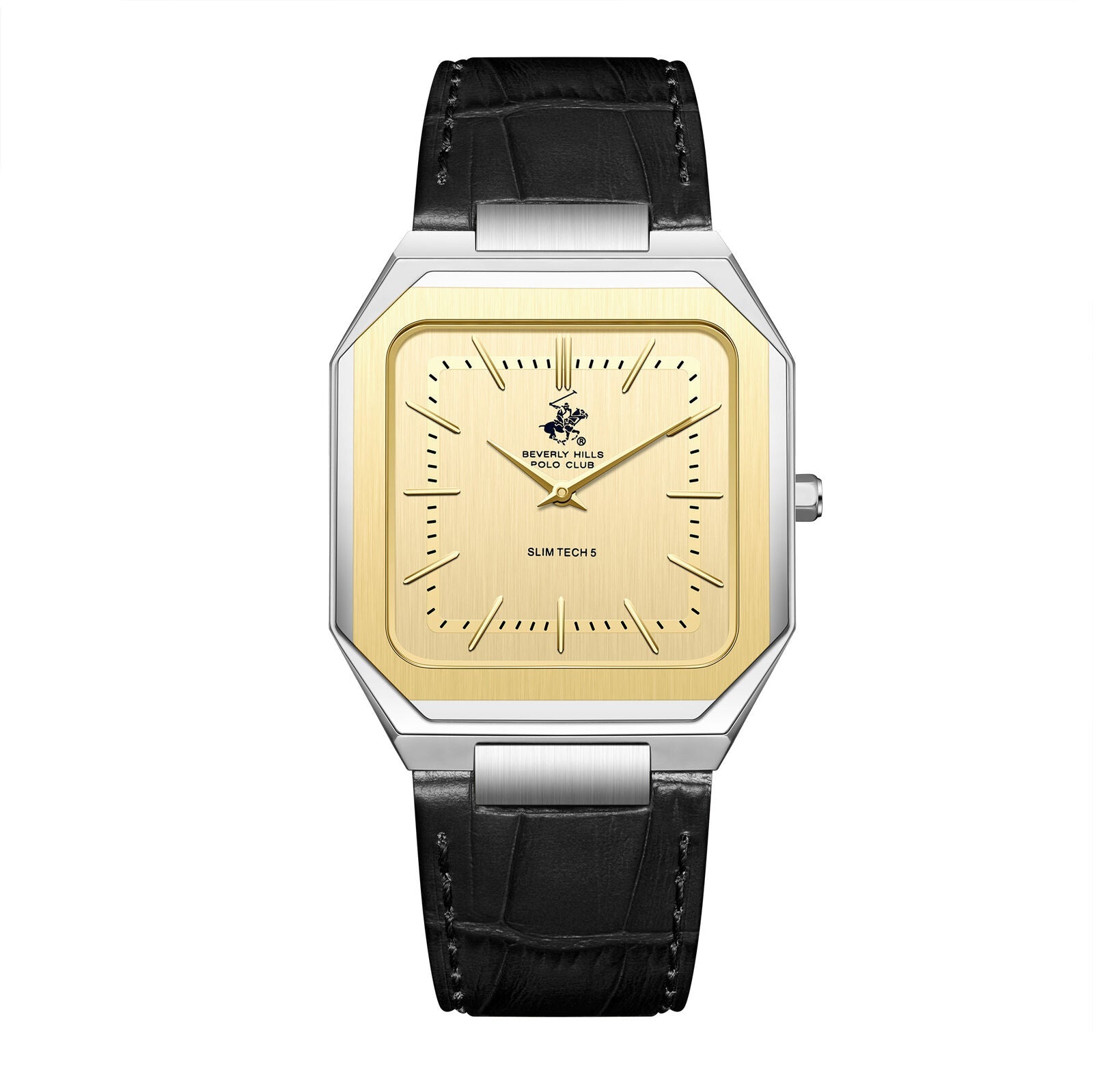Beverly Hills Polo Club Slim Tech 5 watch with gold dial, silver stainless steel case, and black leather strap