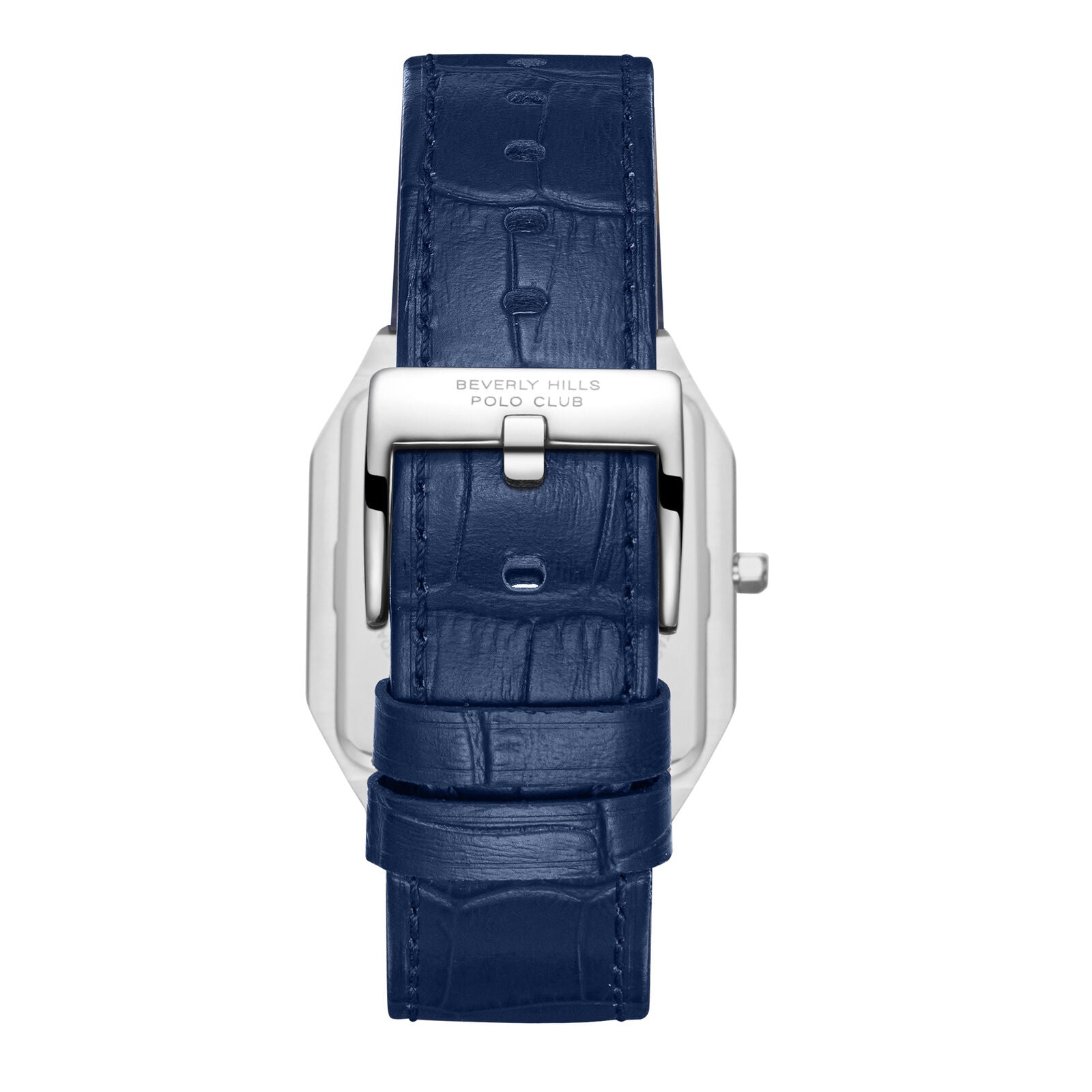 Caseback view of Slim Tech 5 showing silver case, Beverly Hills Polo Club branding, and navy leather strap
