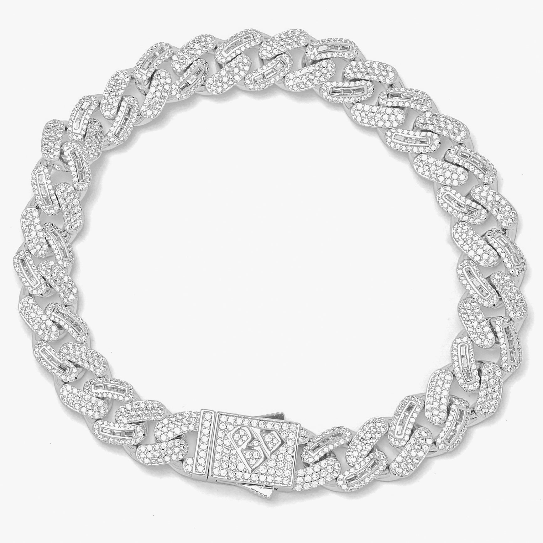 10mm baguette iced out silver bracelet with cubic zirconia stones and secure clasp