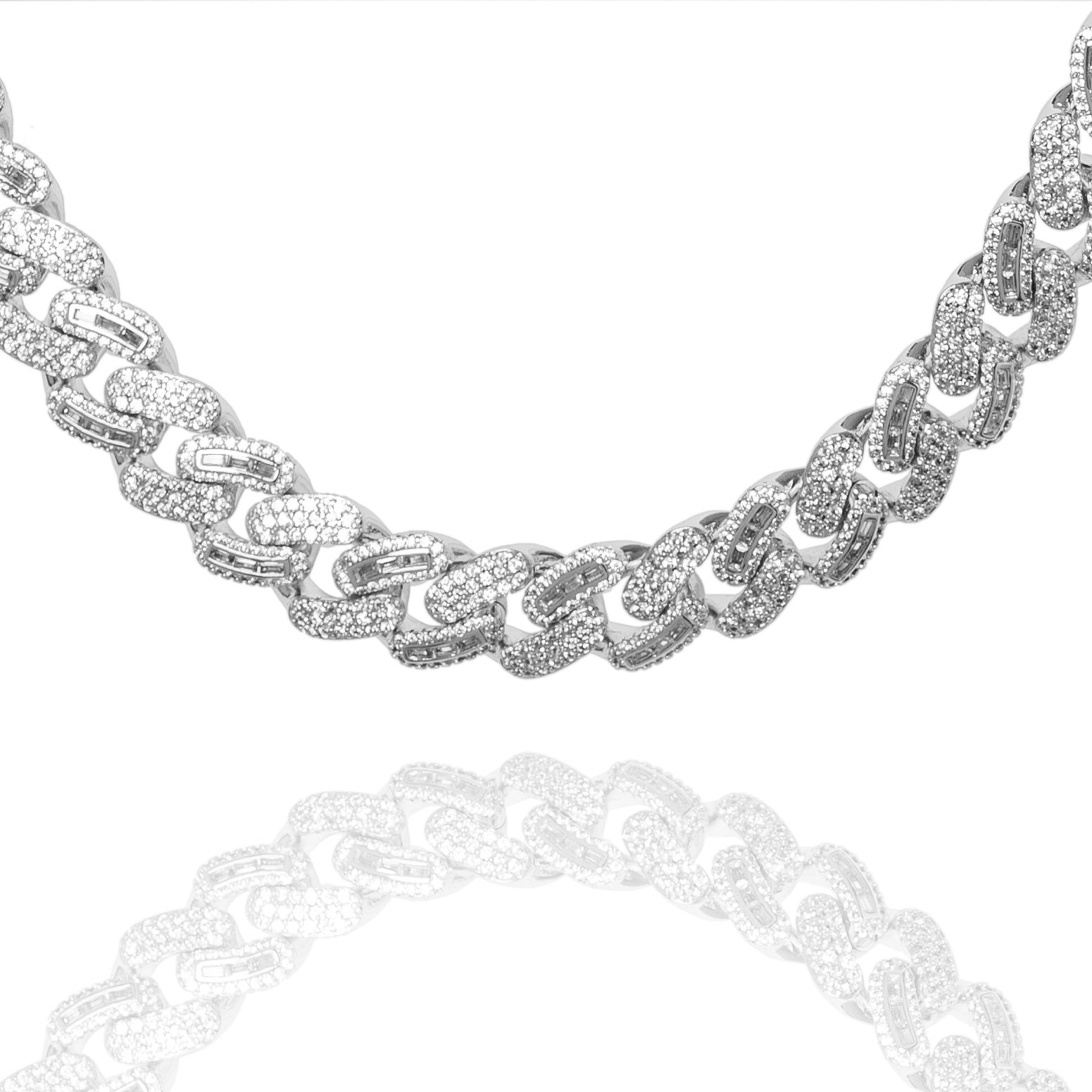 Silver iced out 10MM Cuban chain with baguette-cut crystal pave links