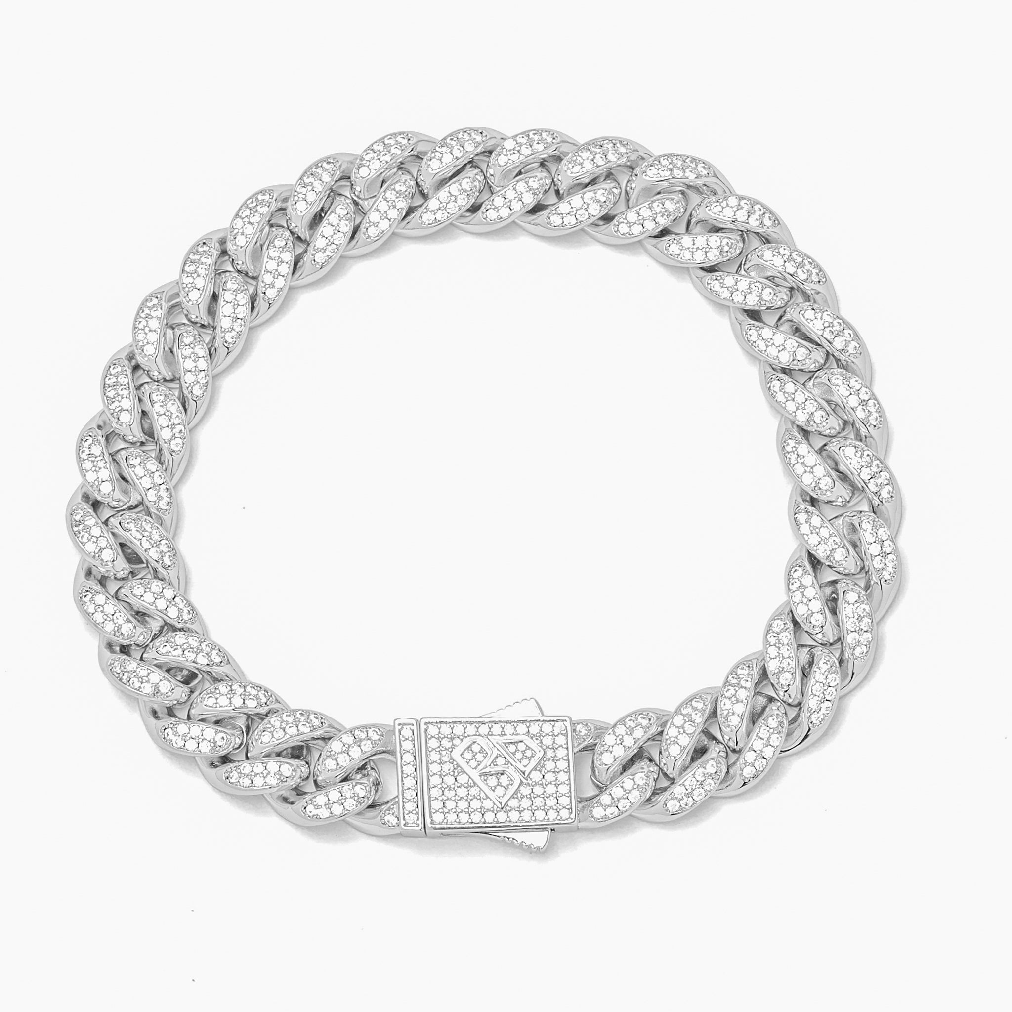 10MM silver Miami Cuban link bracelet with cubic zirconia iced out detailing and pave clasp