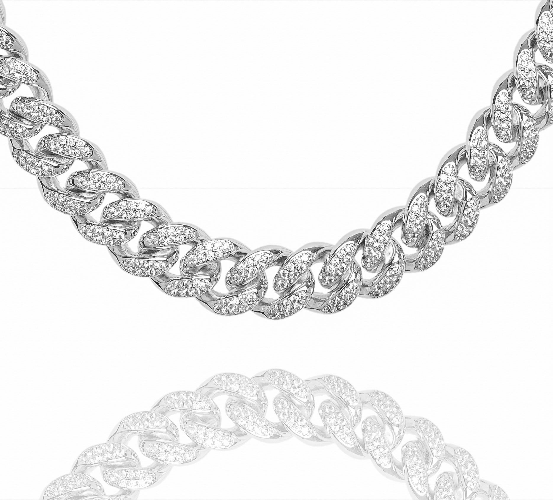 10MM iced out Miami Cuban link silver chain with diamond-cut styling displayed on white background