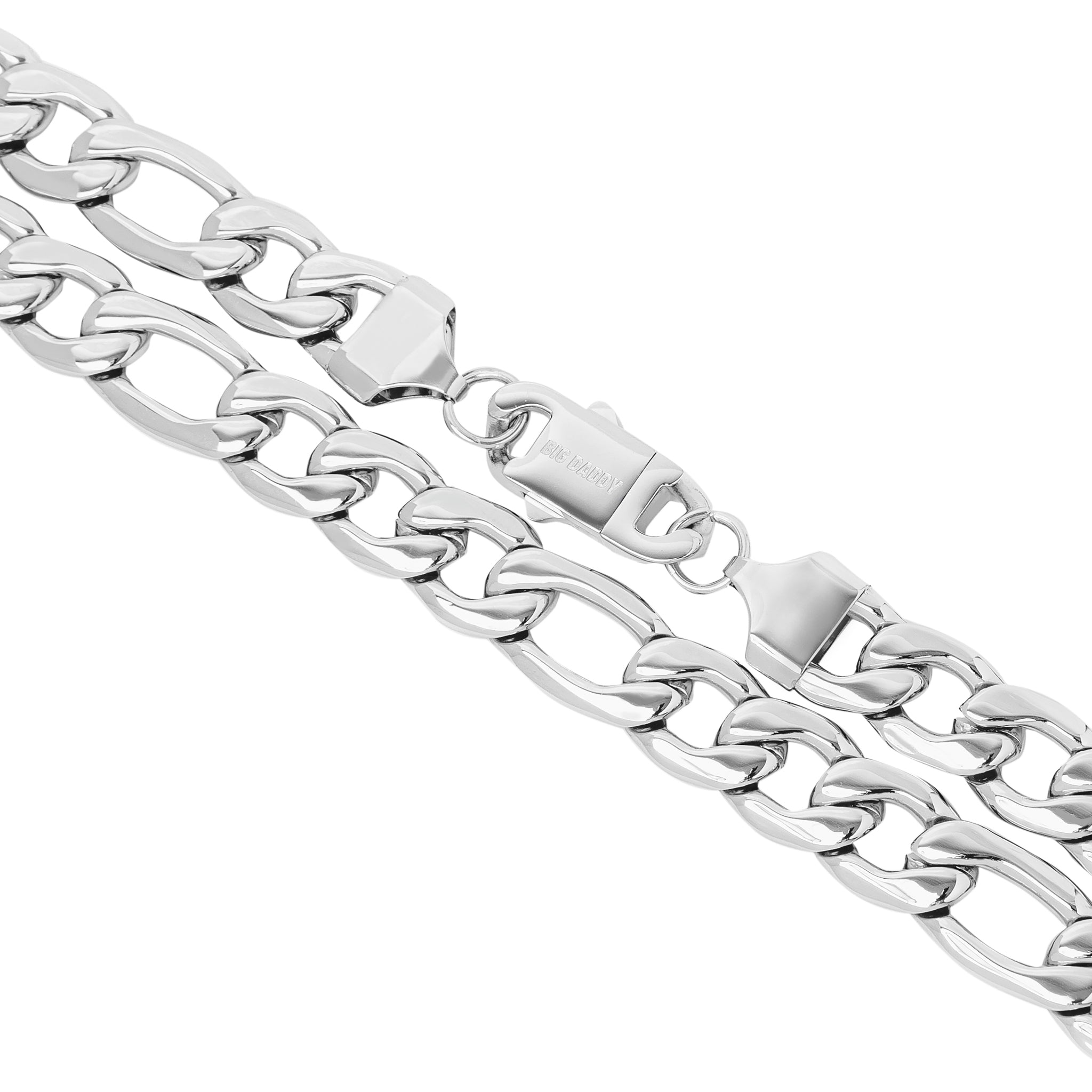 Close-up detail of 11MM Figaro chain links and clasp in silver steel