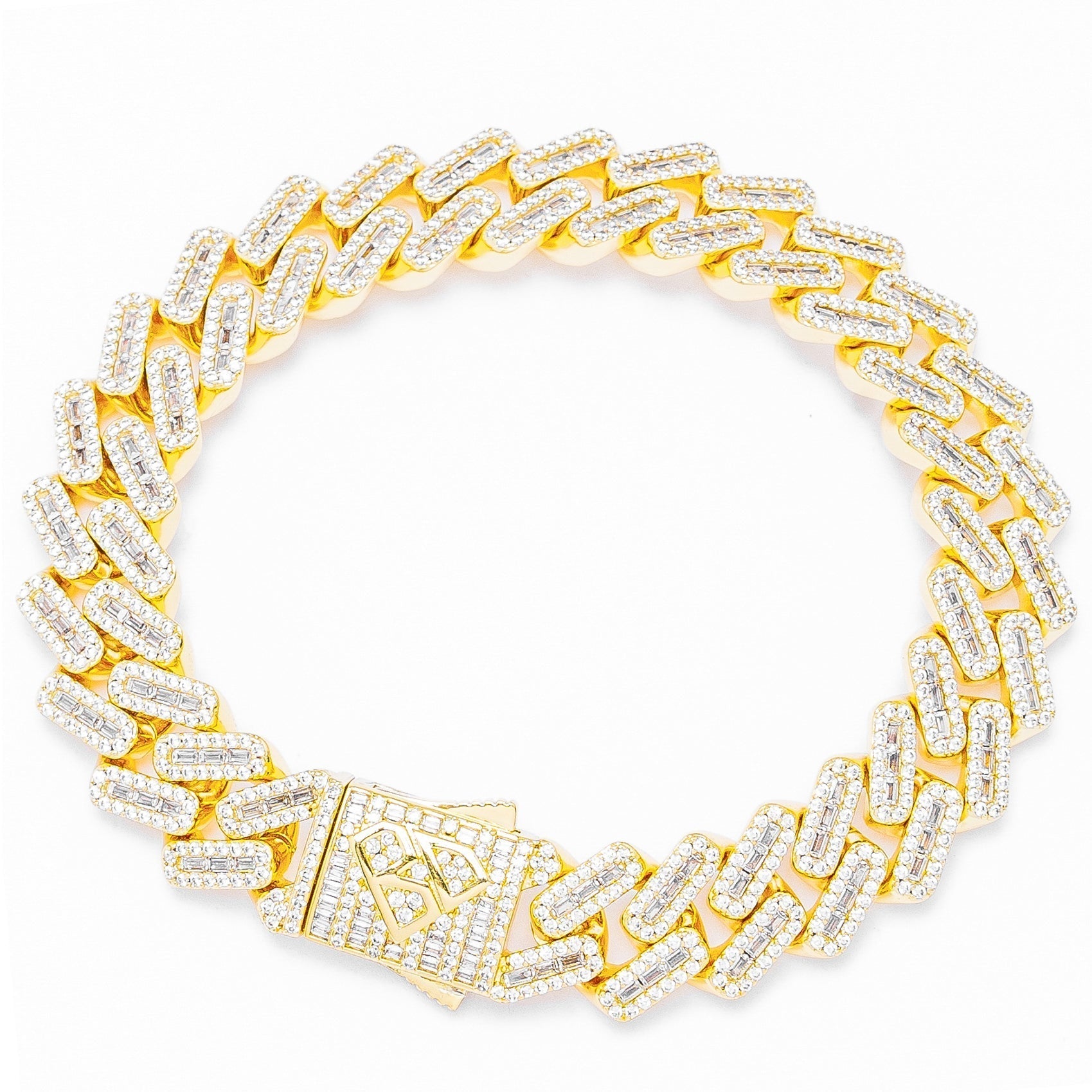12mm gold Cuban link bracelet with baguette iced out rhombus design on white background