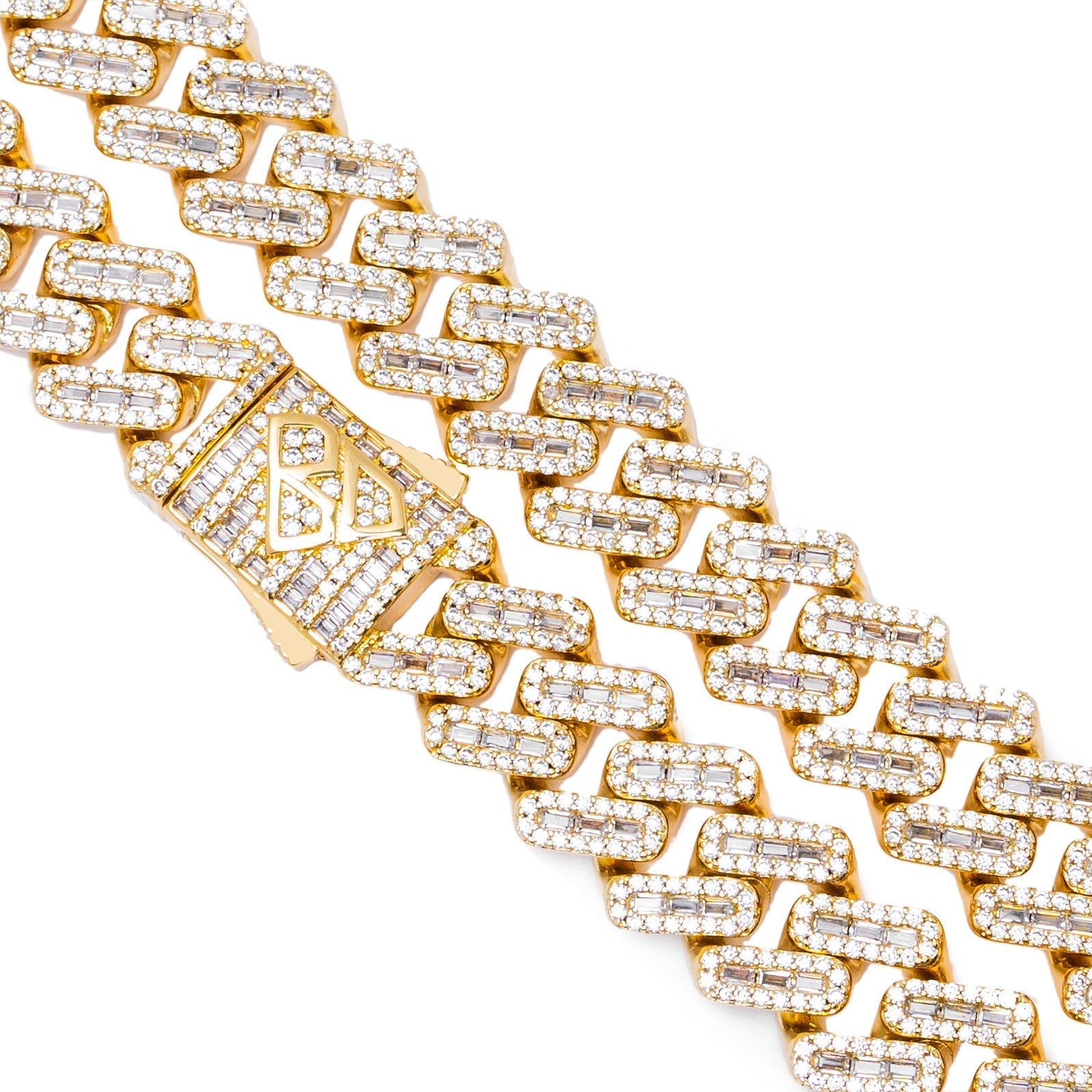 Close-up detail of rhombus pendant with baguette cubic zirconia setting on Cuban chain