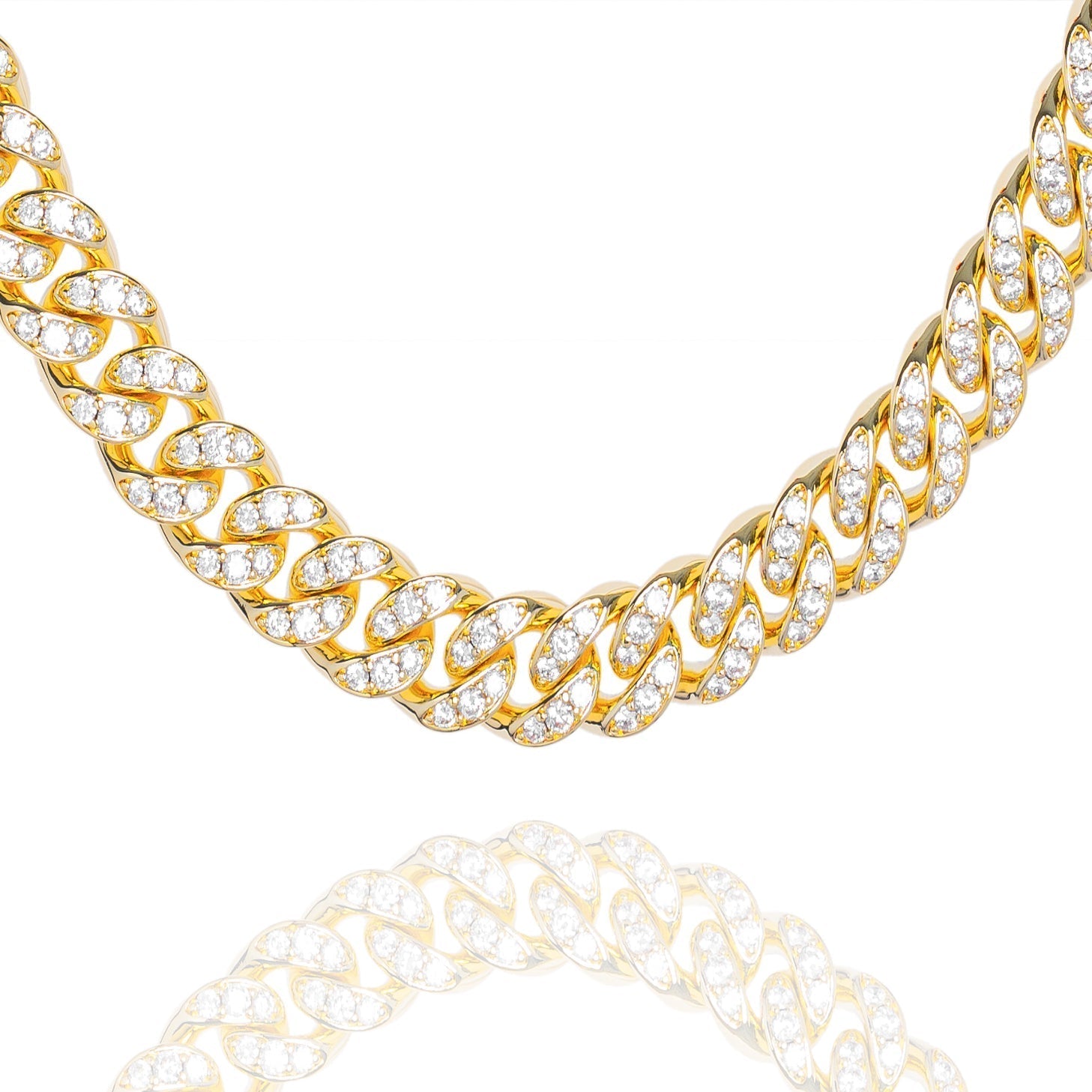 12MM gold Cuban link chain with cubic zirconia iced out design