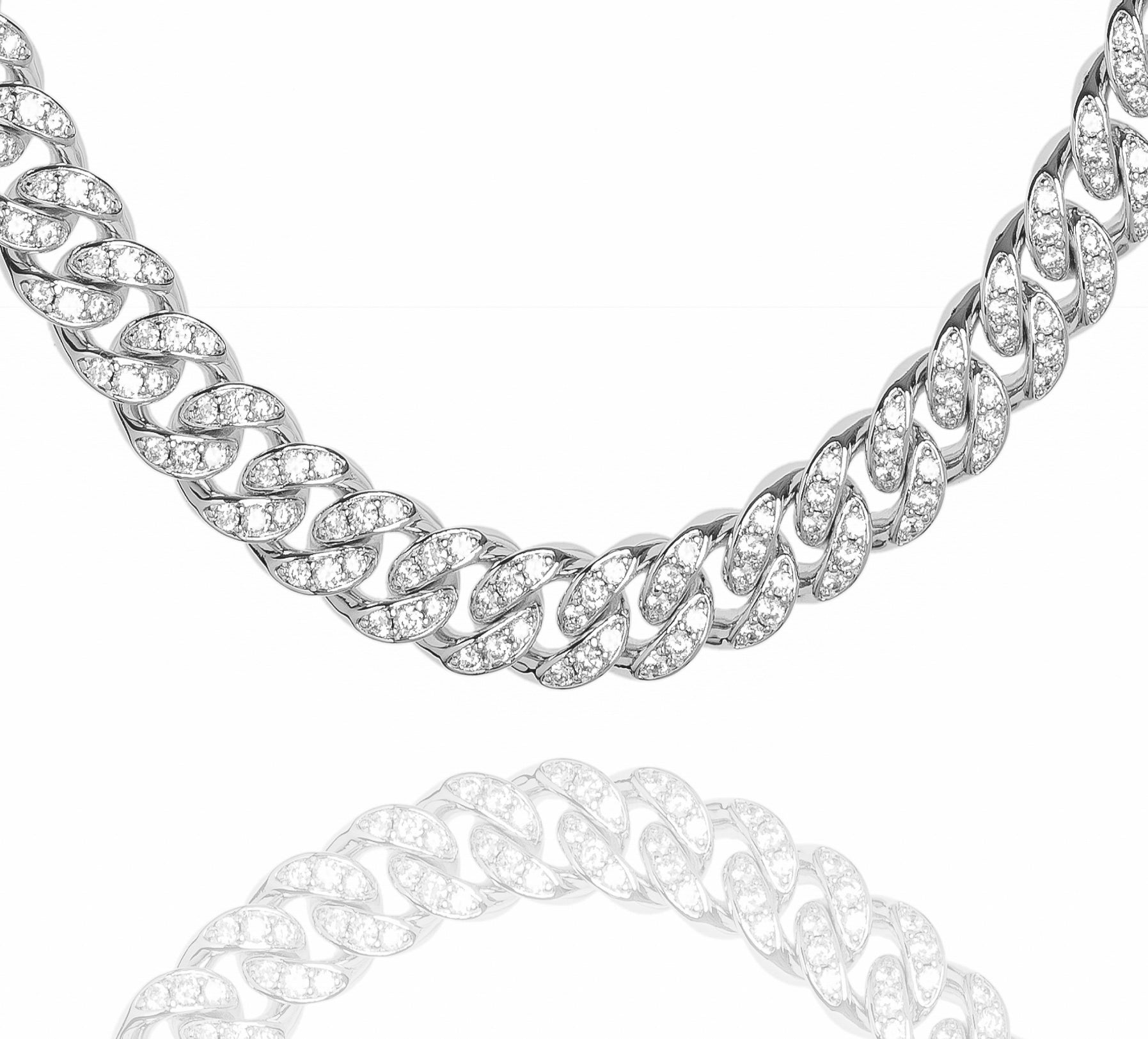 12MM Big Daddy silver Cuban link chain with iced out cubic zirconia stones, full length view