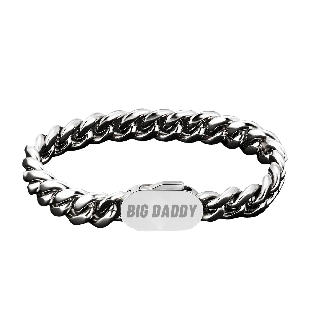 12mm Cuban chain silver bracelet with engraved plate clasp