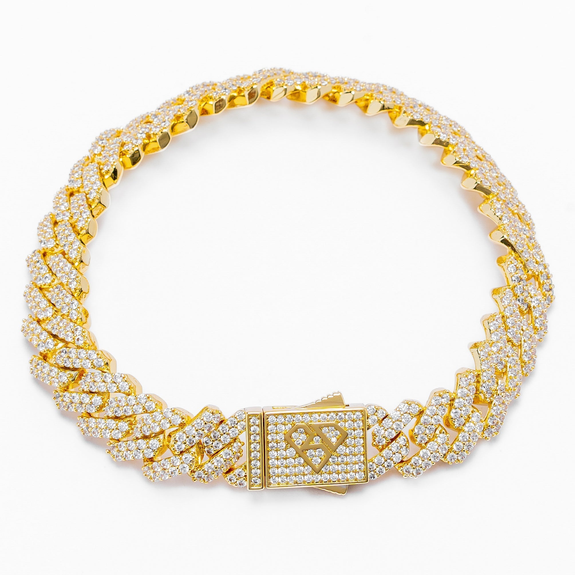 Big Daddy 12MM full iced out Cuban gold bracelet with diamond accents and box clasp