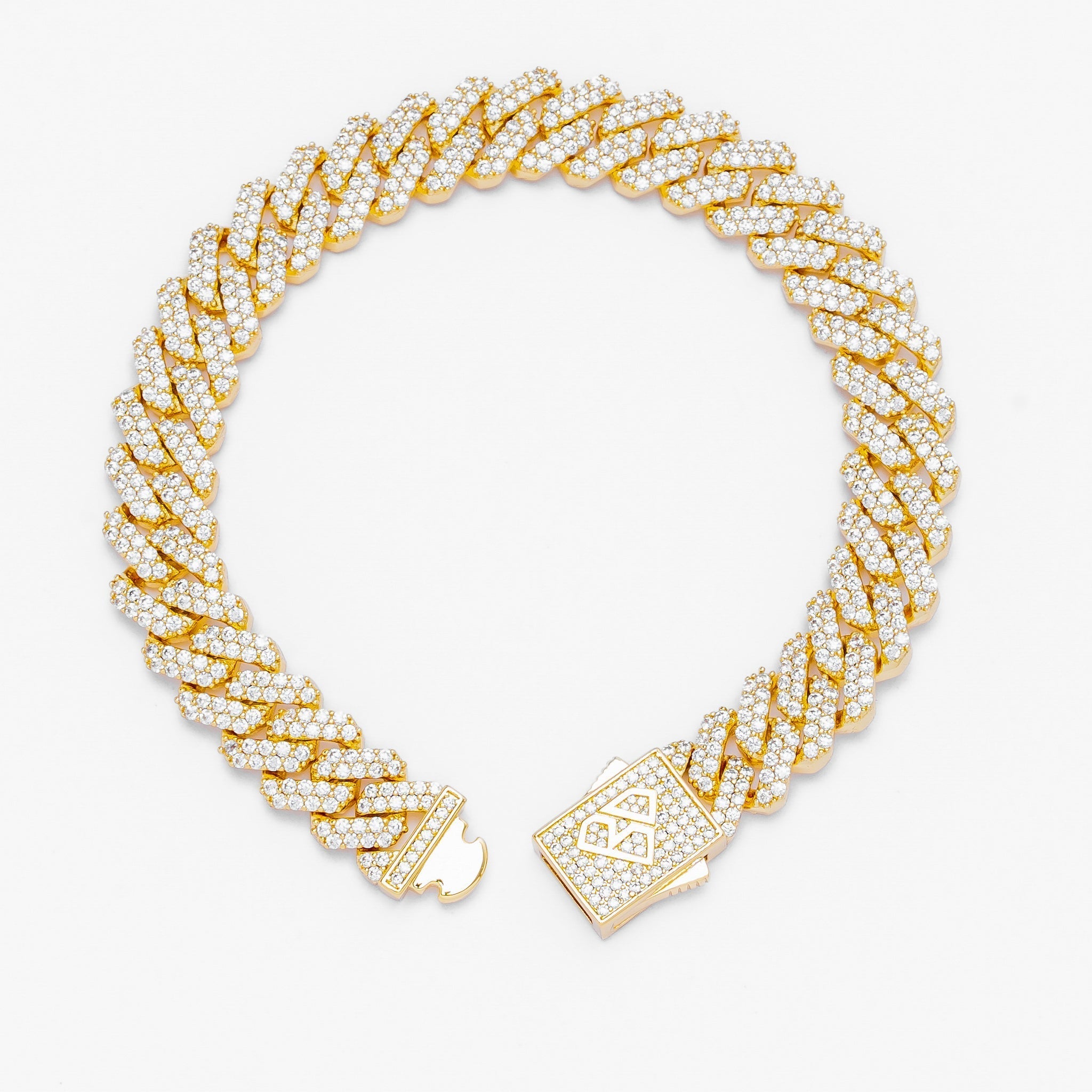 Big Daddy Cuban gold bracelet open clasp showing 12MM width and full diamond pave