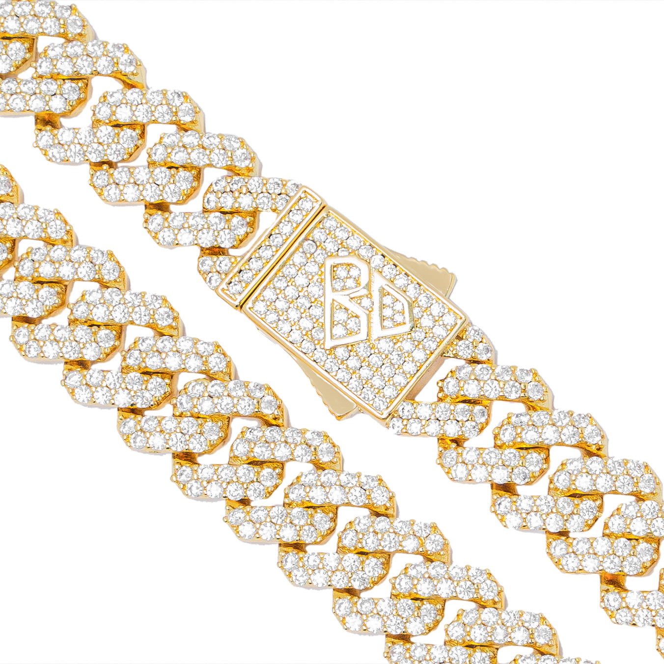 Close-up detail of Cuban link pattern and box clasp on 12MM iced out chain