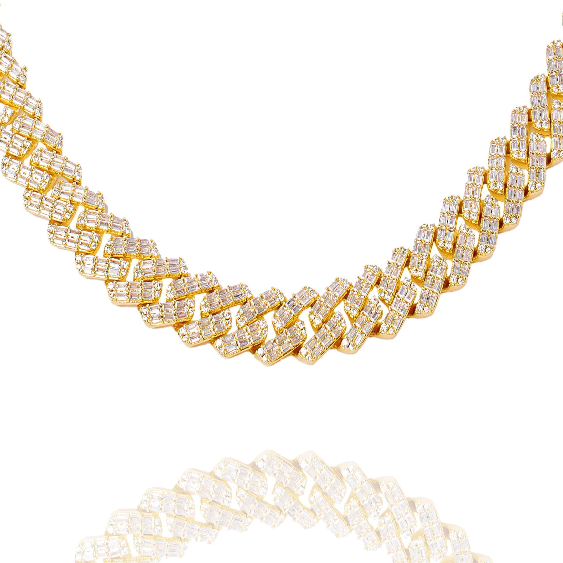 12MM gold Cuban chain with baguette diamonds in prong settings, full length view