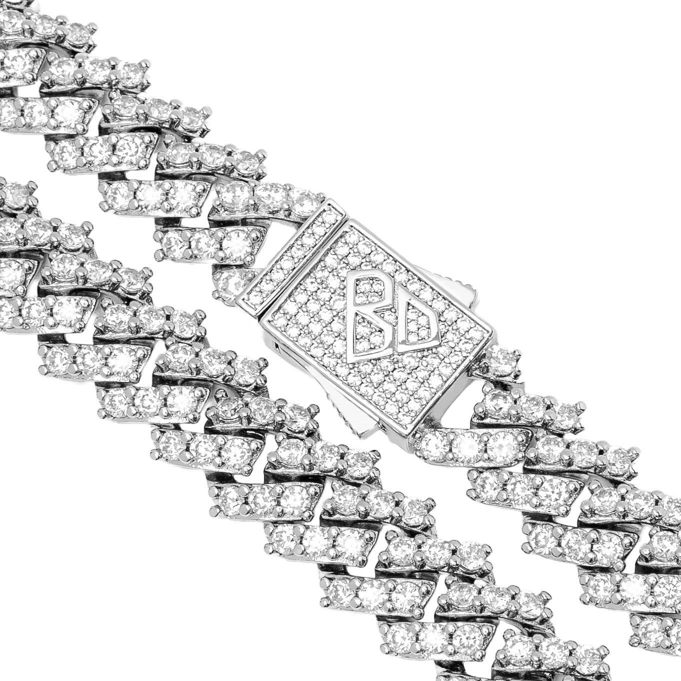 Close-up of 12MM Cuban chain with prong-set cubic zirconia and branded box clasp