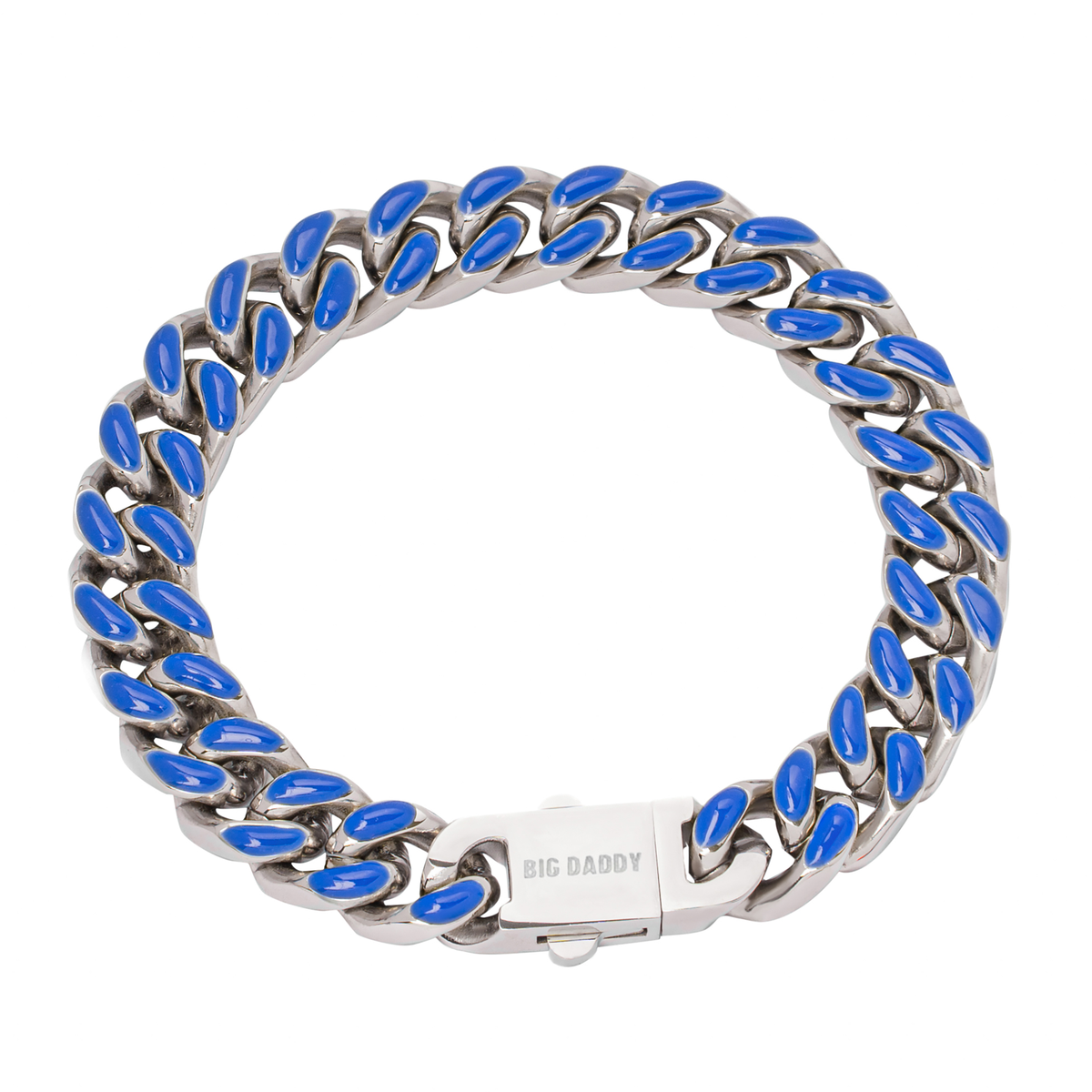 13MM blue enamel Cuban link bracelet with steel construction and box clasp