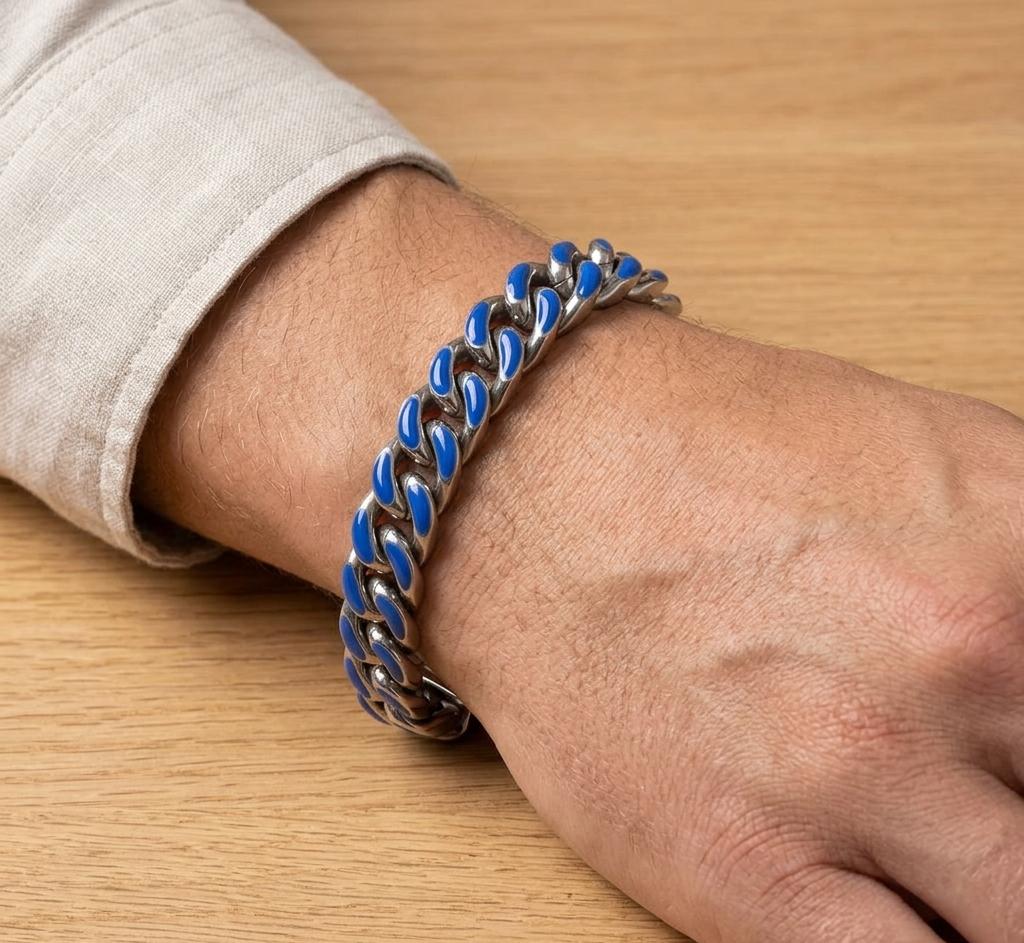 Big Daddy 13MM Enamel Blue Steel Cuban Bracelet