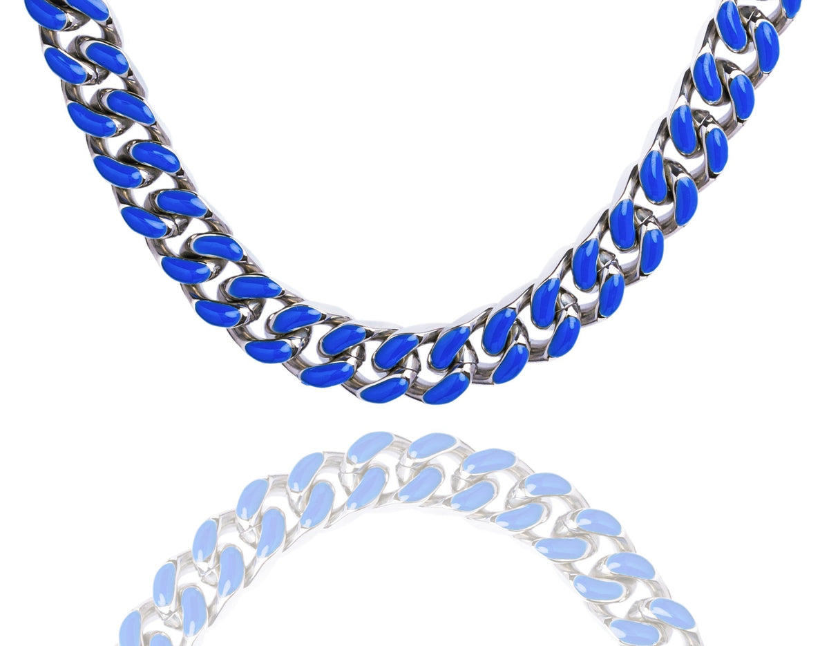 Big Daddy 13MM blue enamel steel Cuban chain necklace displayed flat