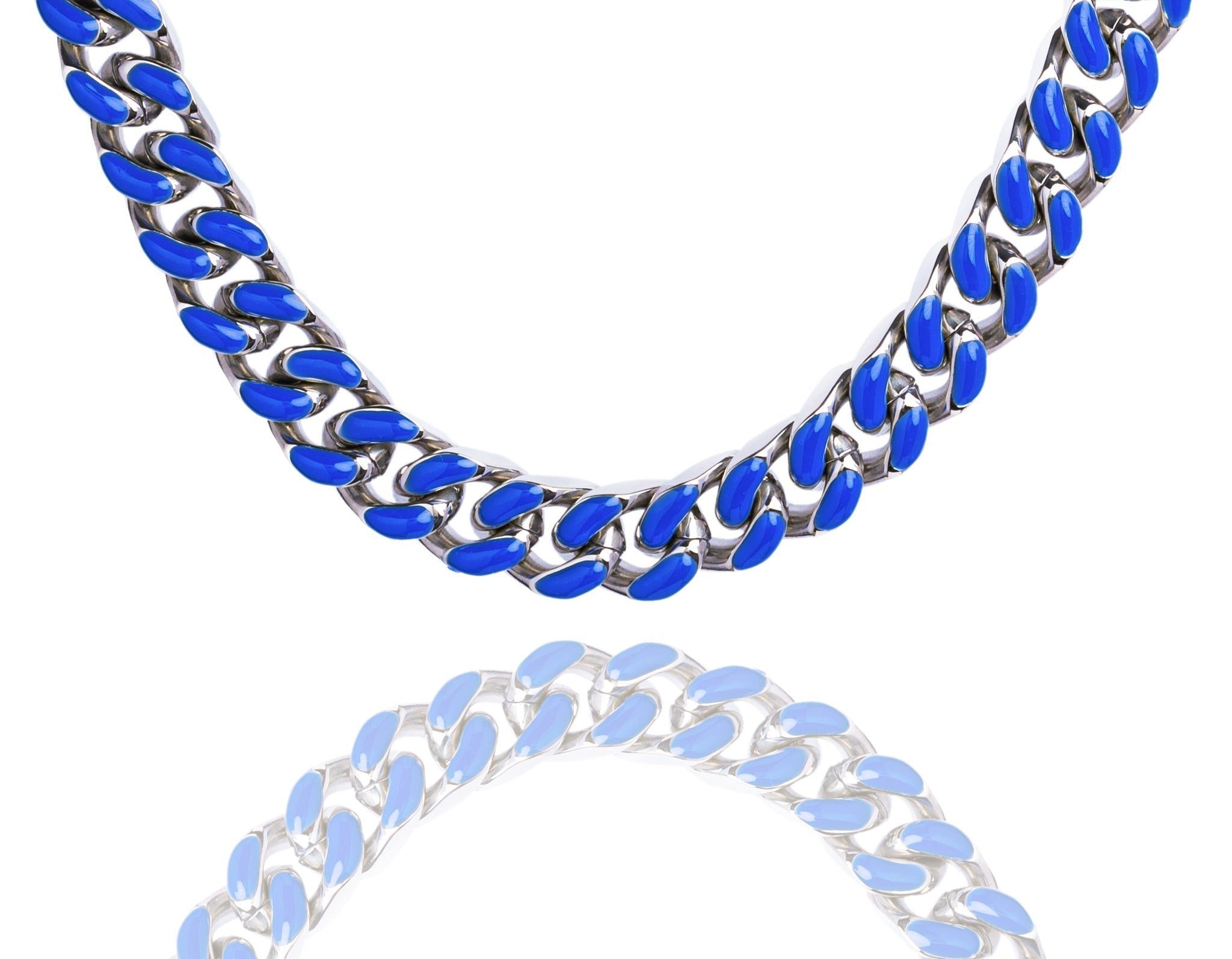 Big Daddy 13MM blue enamel steel Cuban chain necklace displayed flat
