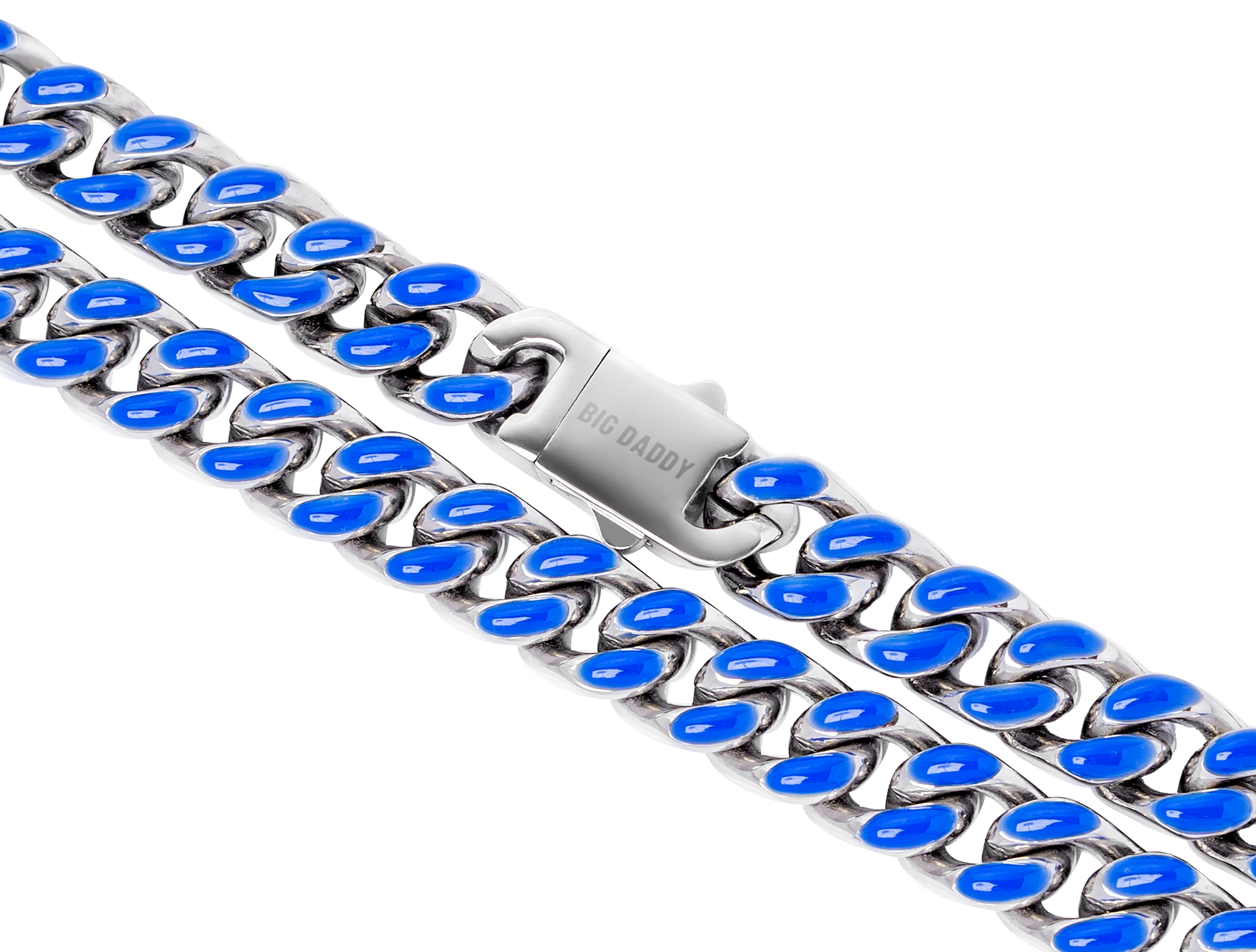 Close-up of 13MM blue enamel Cuban chain links with steel clasp detail