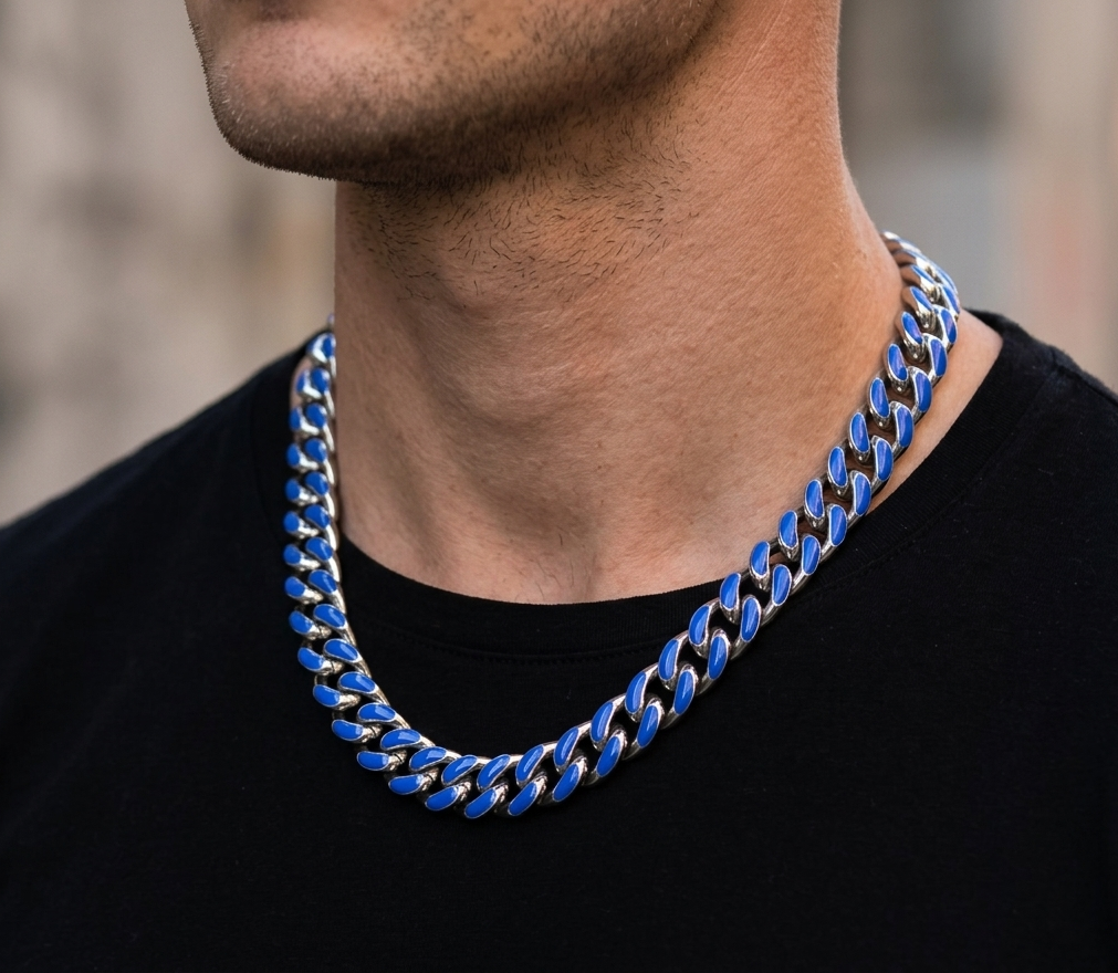 Big Daddy 13MM Enamel Blue Steel Cuban Chain