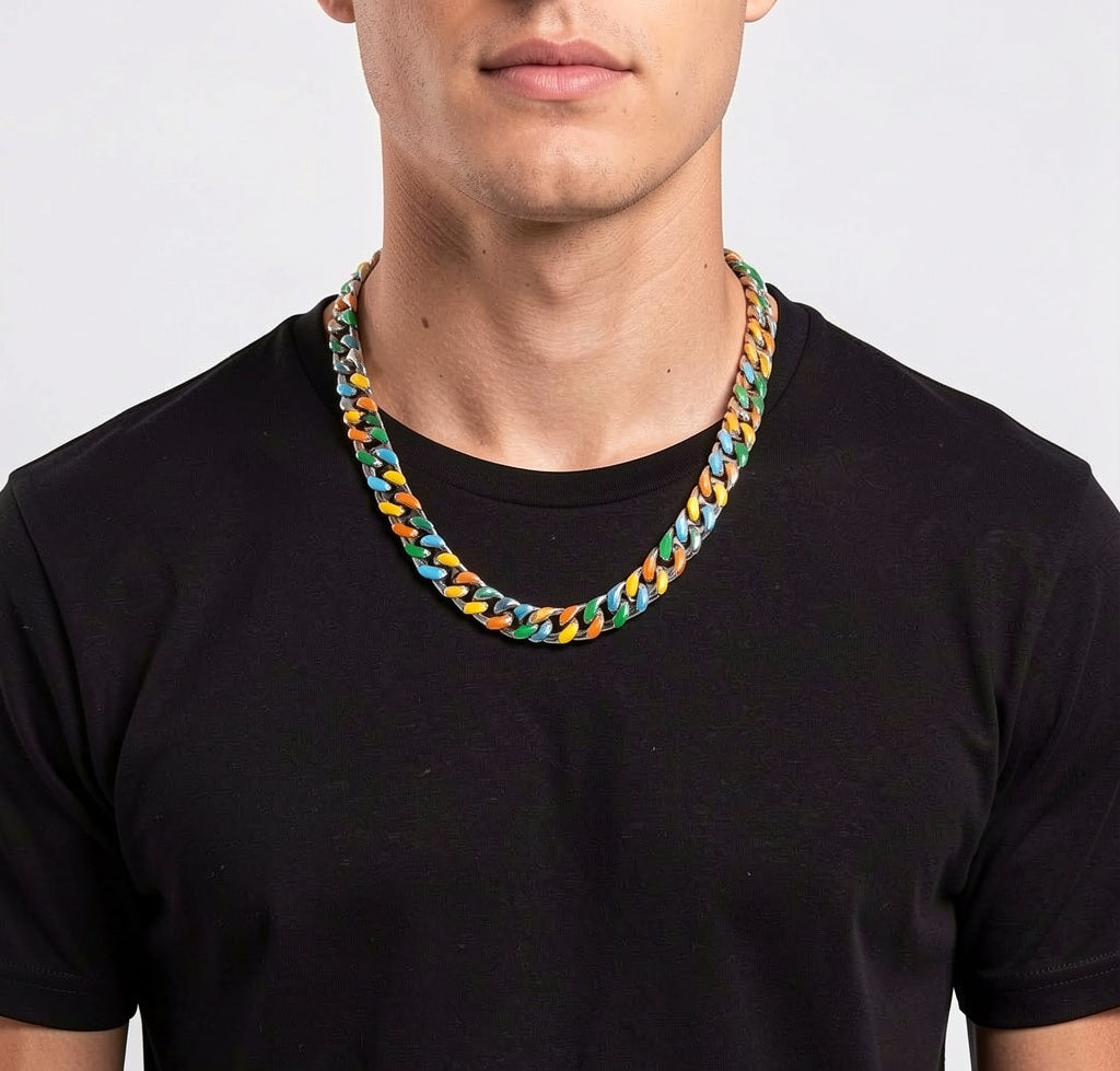 Big Daddy 13MM multi-colour enamel Cuban chain worn as necklace on model