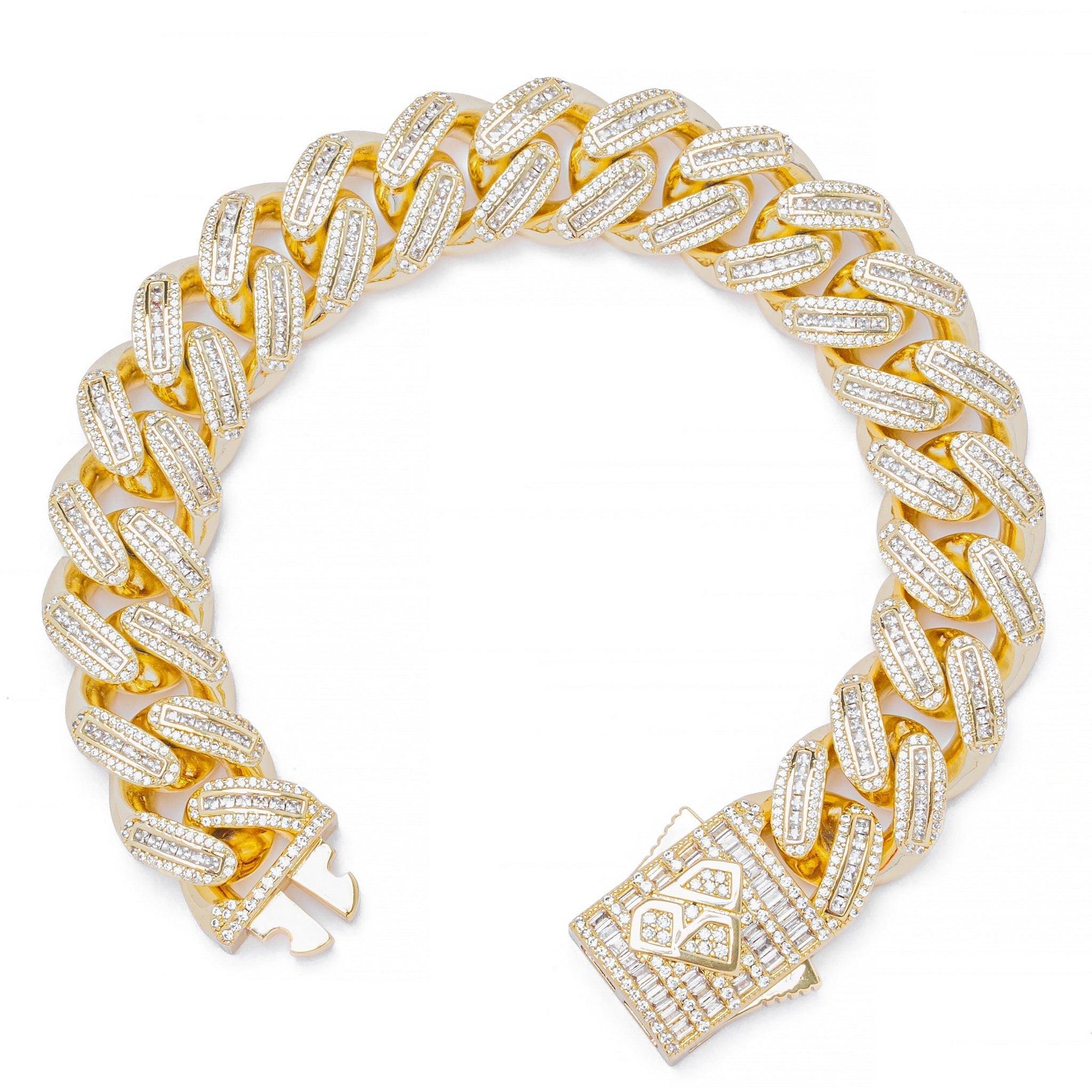Gold Cuban link bracelet with baguette-cut crystals and ornate clasp detail, angled view