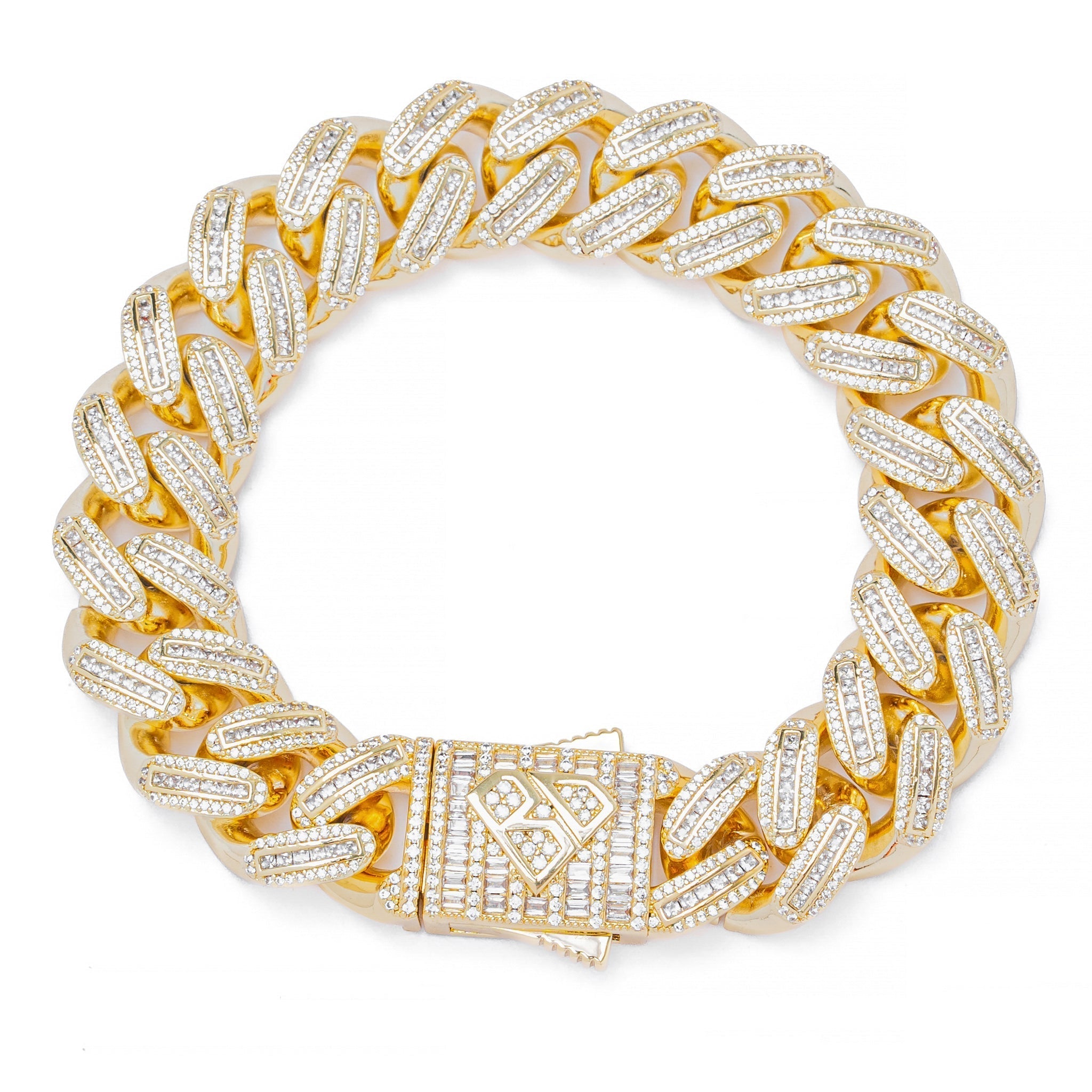 18MM gold Cuban link bracelet with baguette-cut iced out cubic zirconia and decorative clasp