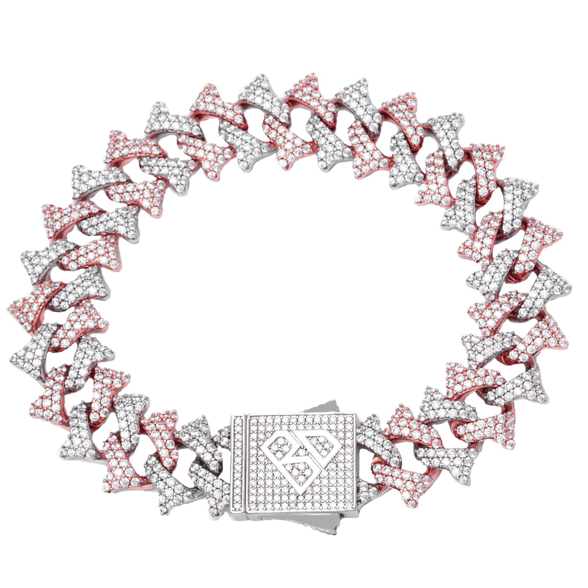 Big Daddy 18MM two-tone spiked diamond bracelet with alternating pink and white stones and box clasp
