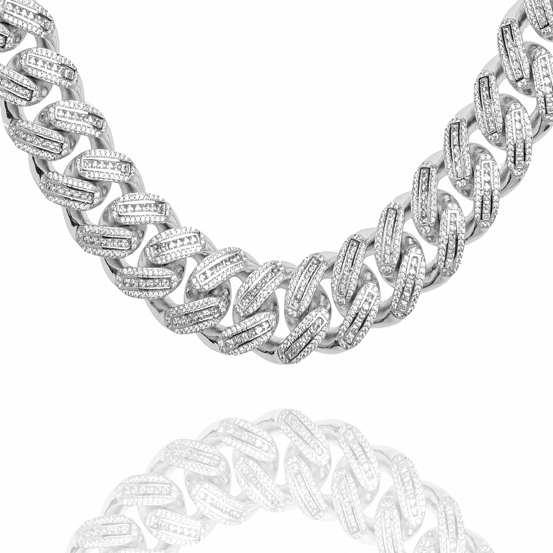 20mm baguette iced-out Cuban link silver chain with cubic zirconia stones