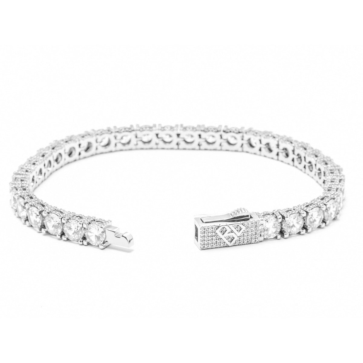 Big Daddy CZ tennis bracelet open clasp showing full strand from side angle