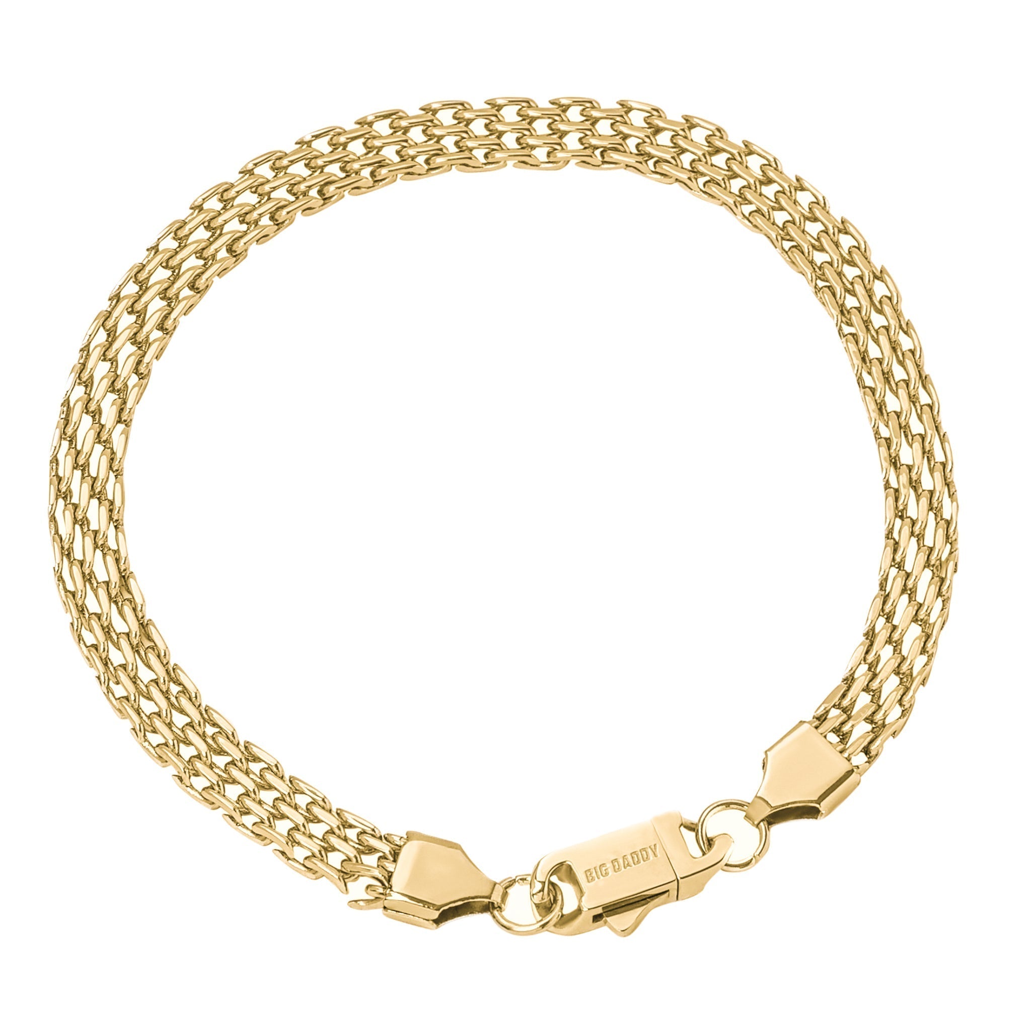 Gold flat herringbone bracelet with hexagonal clasp displayed on white background