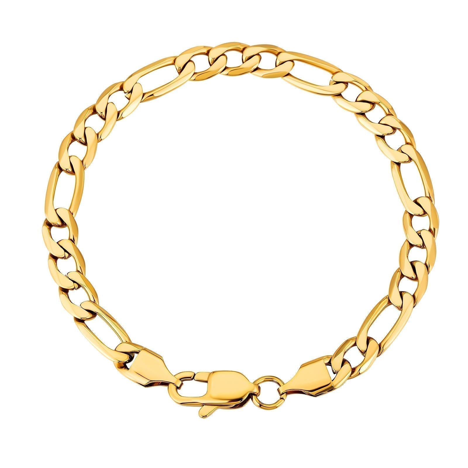 6mm steel Figaro gold bracelet laid flat displaying link detail