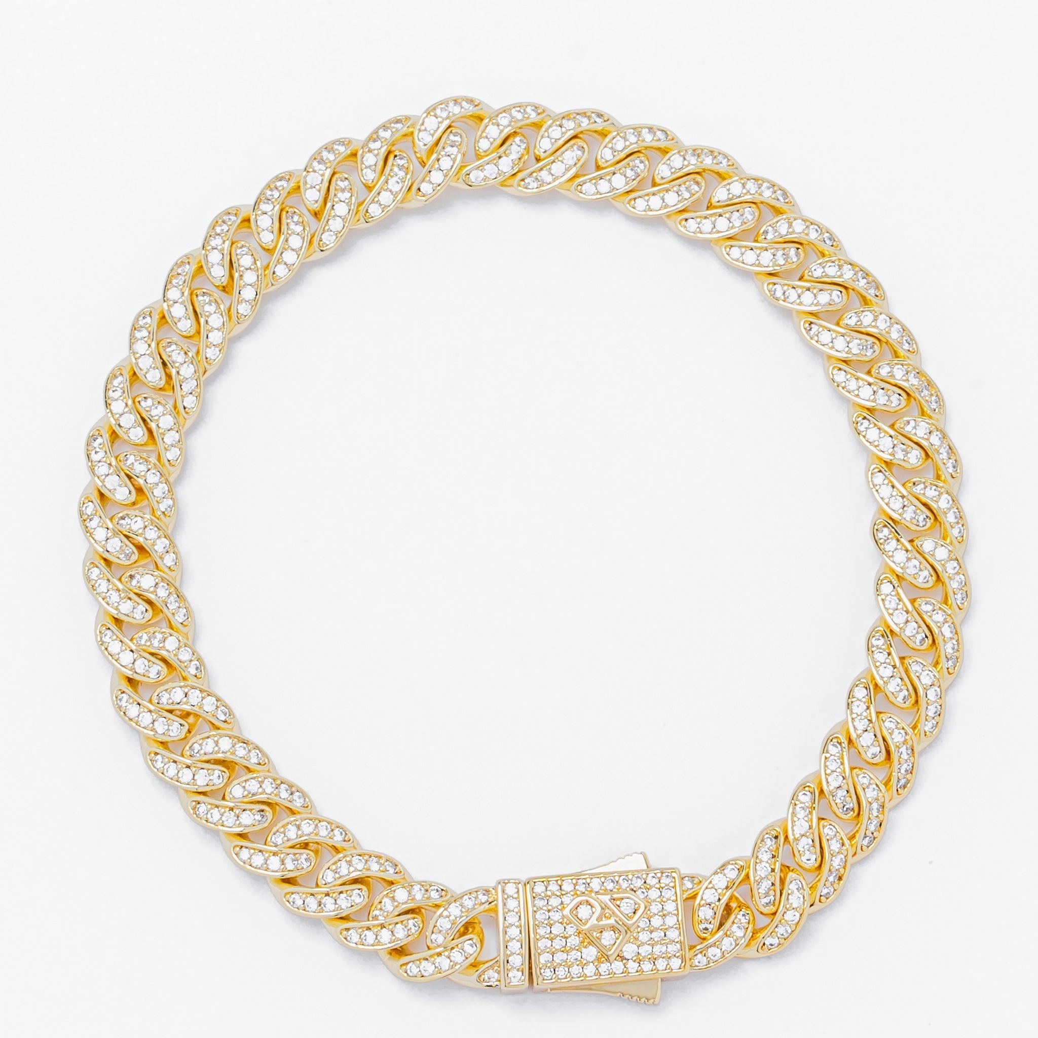 8mm Cuban gold chain bracelet with iced-out cubic zirconia crystals and box clasp