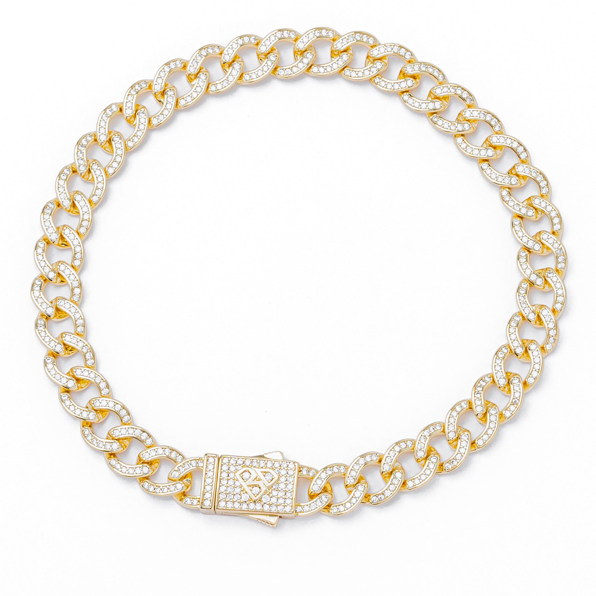 8mm iced curb Cuban link gold bracelet with diamond-cut clasp