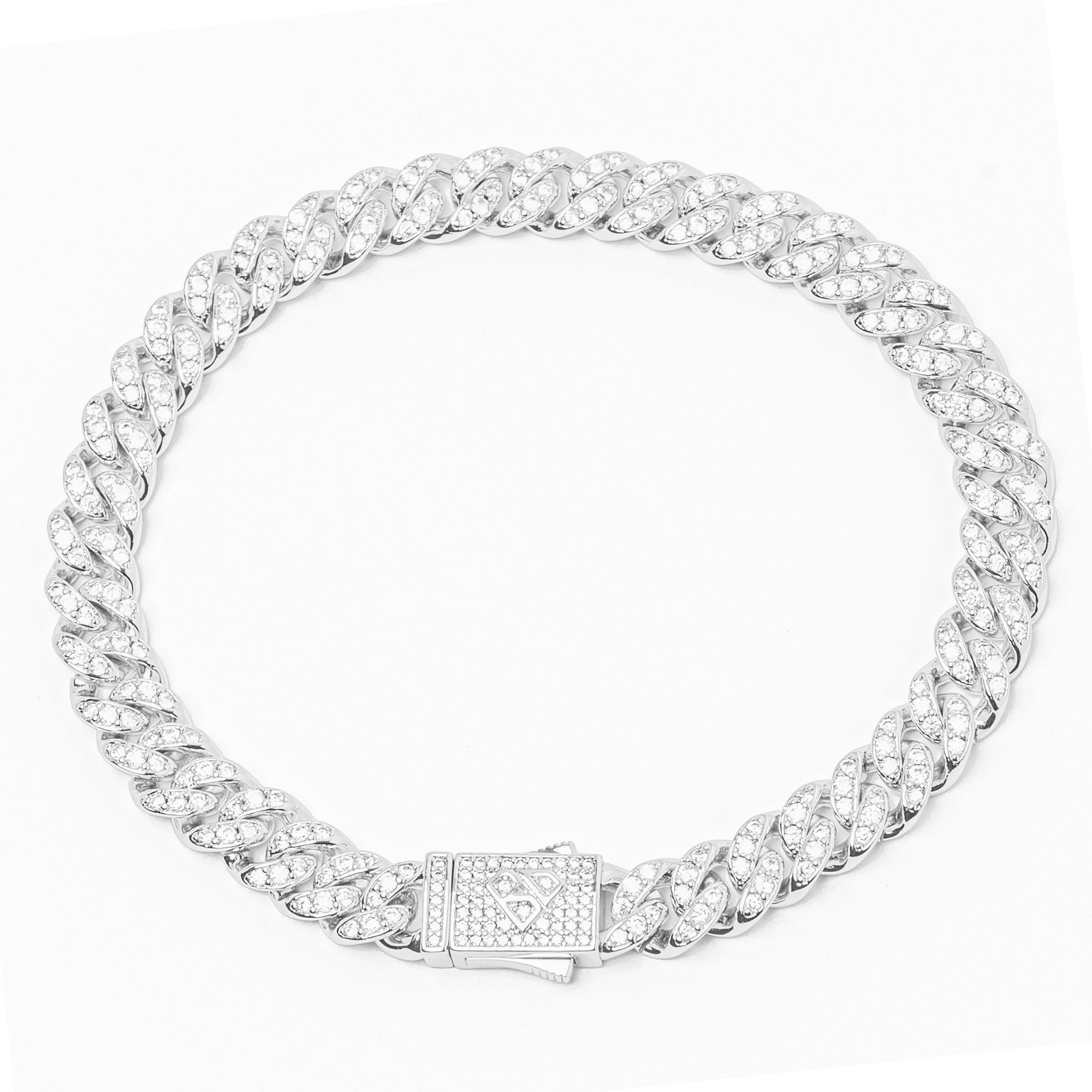 8MM iced-out silver Cuban link bracelet with cubic zirconia stones and box clasp