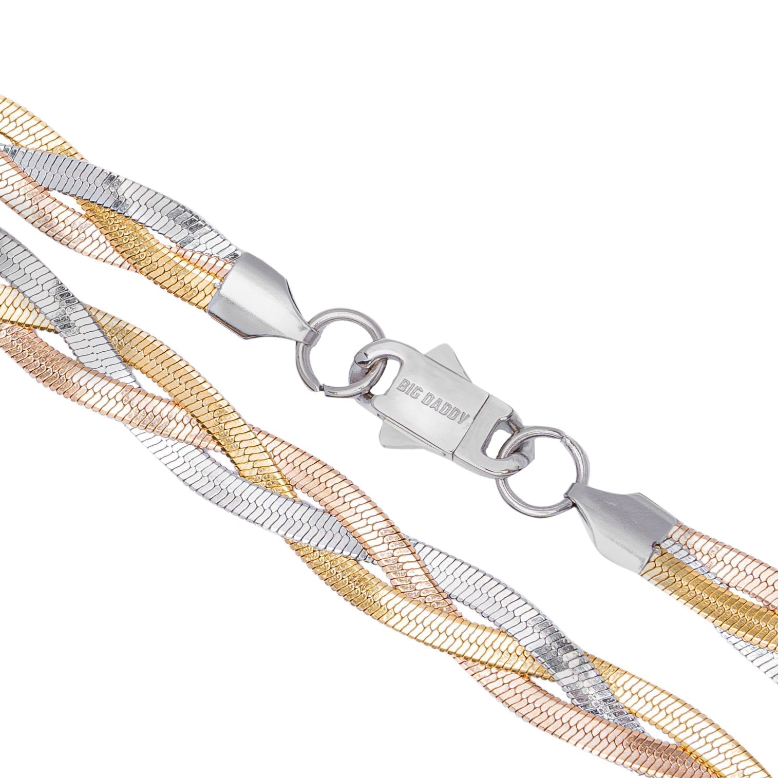 Two-tone herringbone chain with visible lobster clasp closure detail
