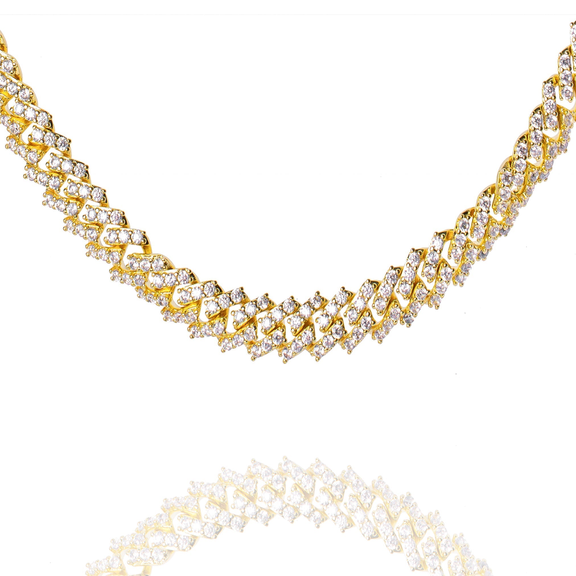 9MM gold Cuban link chain with diamond prong settings, full front view