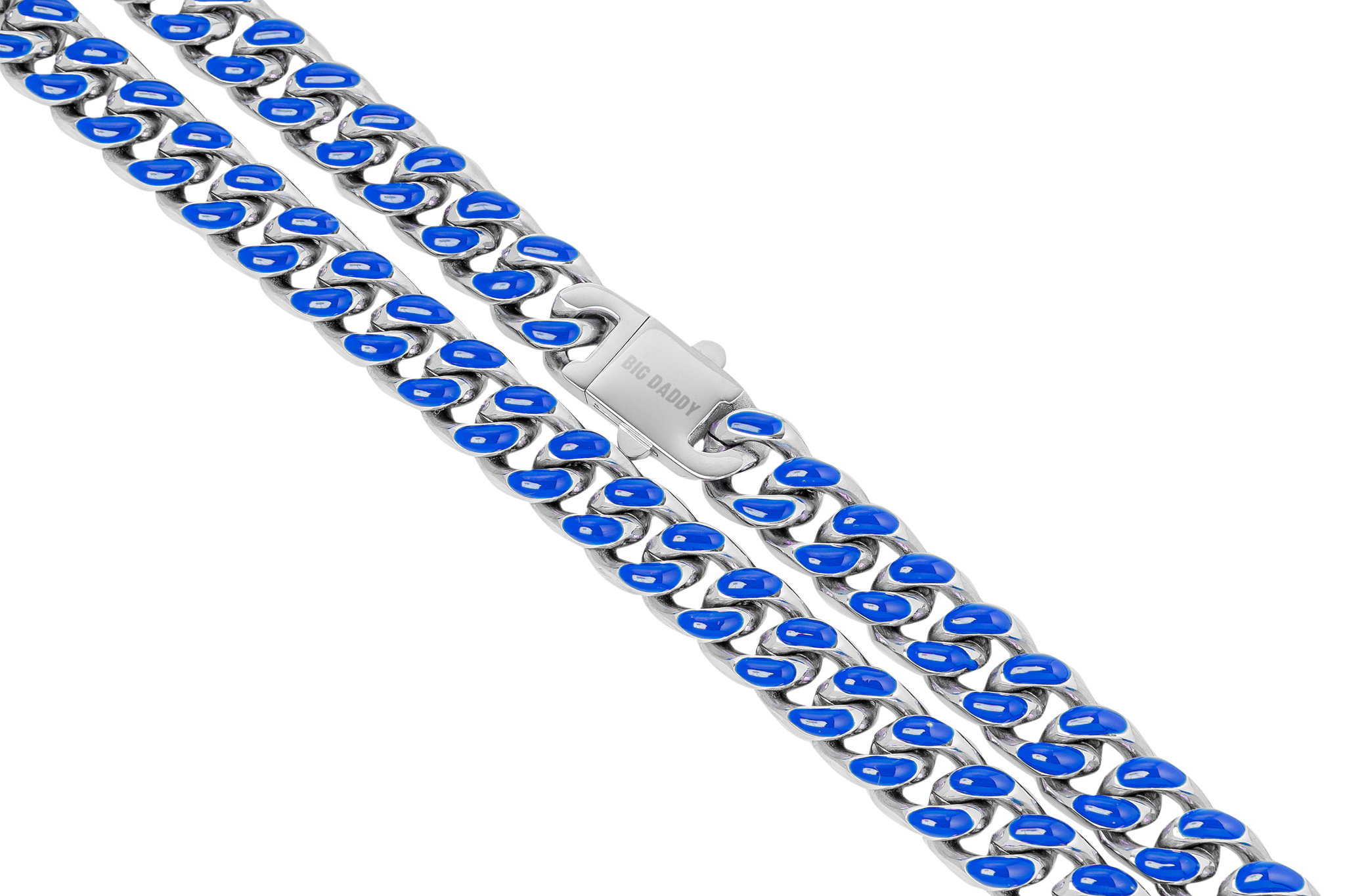 Big Daddy Cuban chain detail showing blue enamel coating on interlocking steel links with clasp