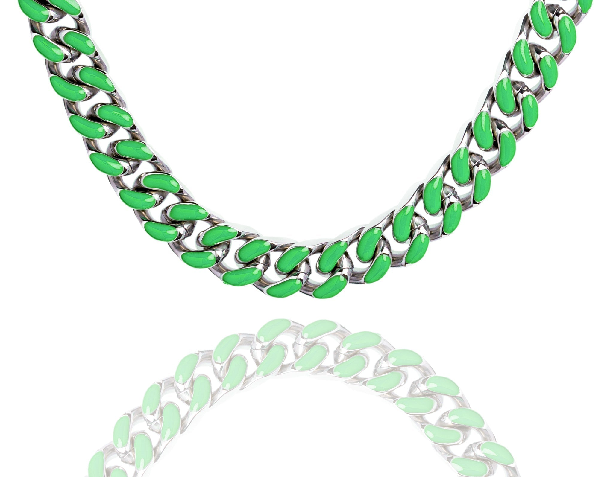 Green and silver 9mm enamel Cuban chain necklace, full length display