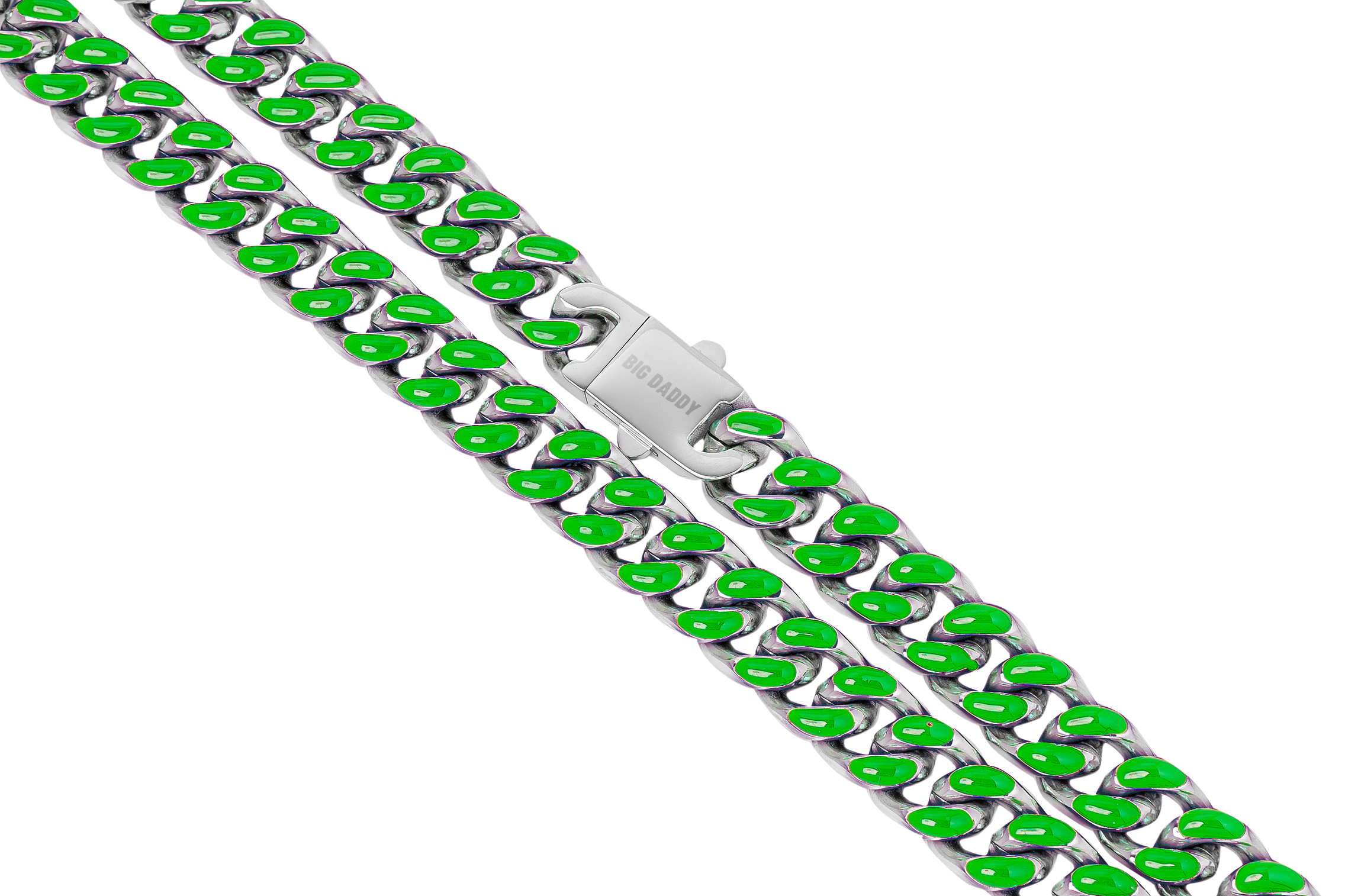 Green enamel Cuban chain with stainless steel box clasp closure detail