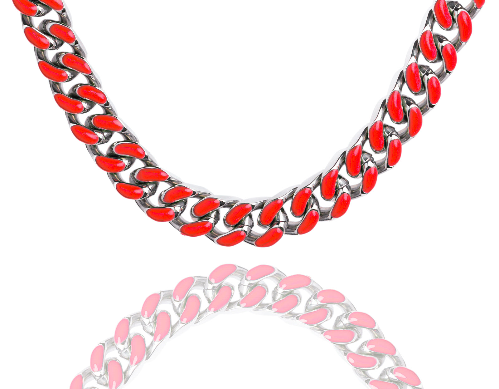Red enamel and steel 9MM Cuban chain displayed in full length