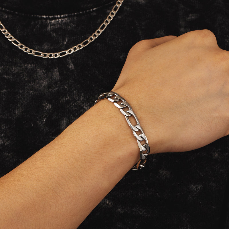 Big Daddy 9mm Steel Figaro Silver Bracelet - Bracelet
