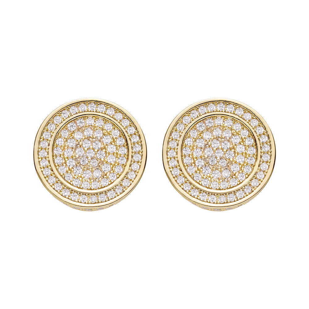 Pair of gold diamond pave round iced out stud earrings showing front face