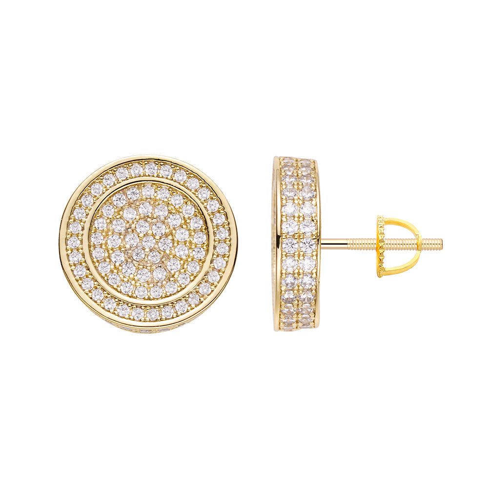 Front and side view of gold diamond pave round iced out earring with screw-back post
