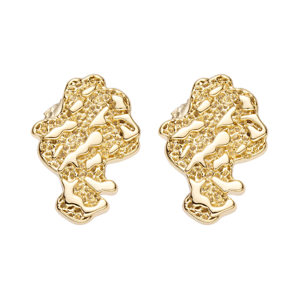 Pair of gold asymmetrical textured earrings with openwork design