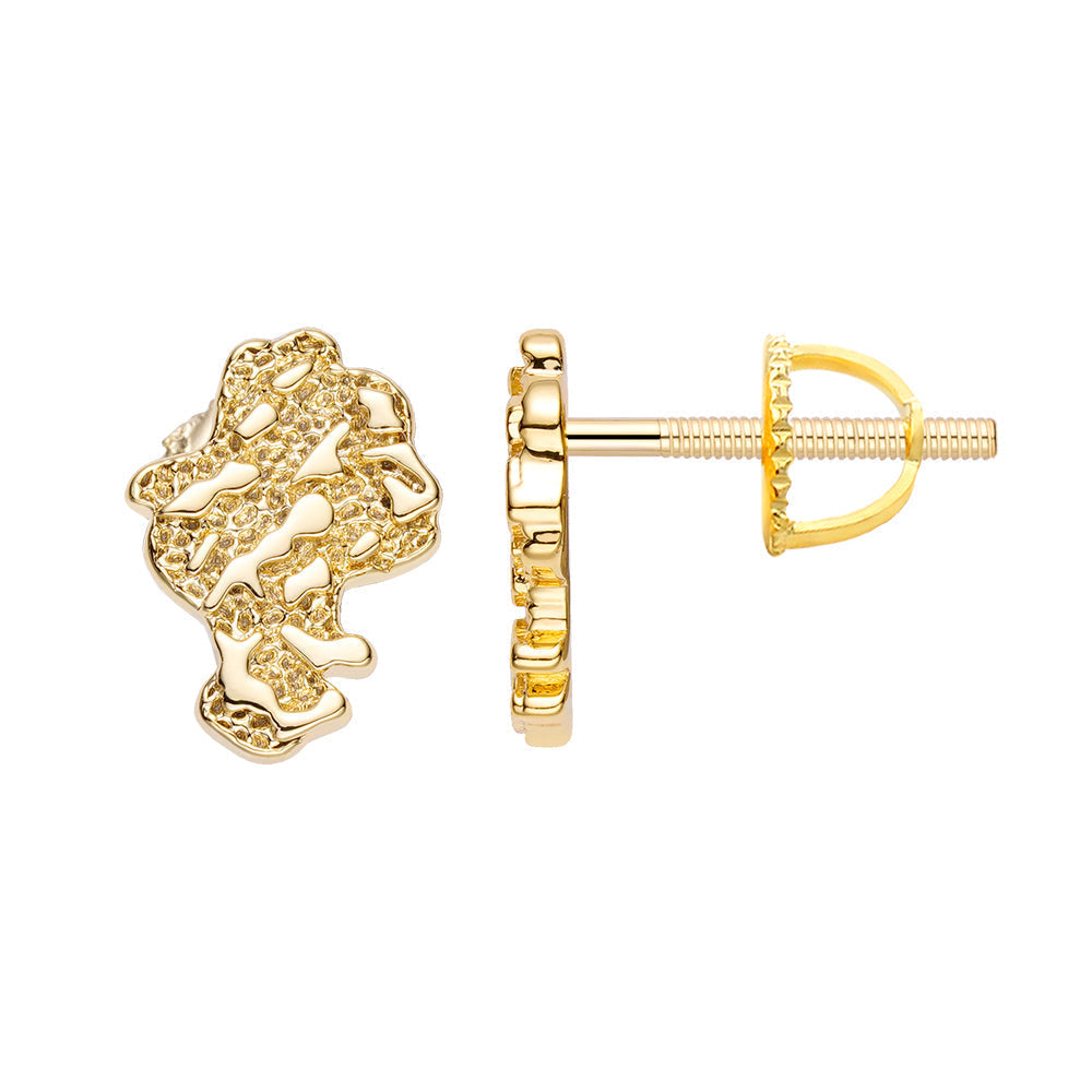 Gold asymmetrical earring shown from front and back with stud post and backing