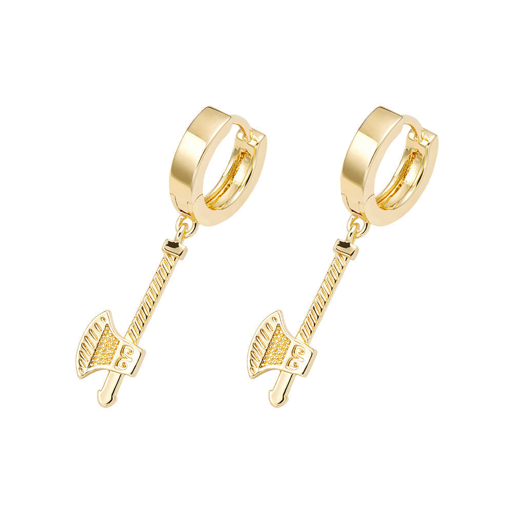 Pair of gold axe drop earrings with textured hoop posts