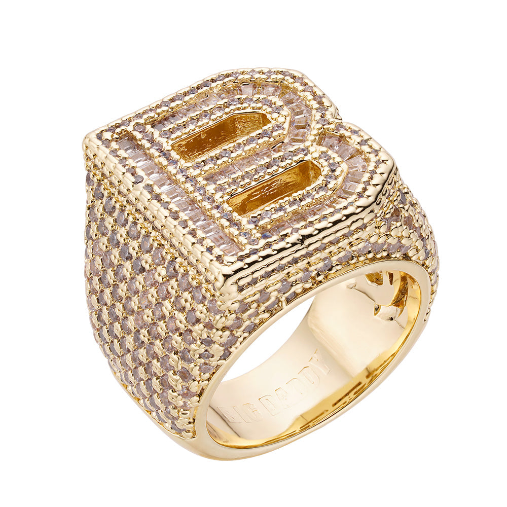Big Daddy Bless Up baguette iced out diamond ring in 18k gold with pave diamond setting