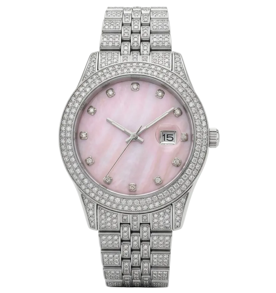 Big Daddy Bling watch with pink diamond dial, silver case, diamond bezel, and date window