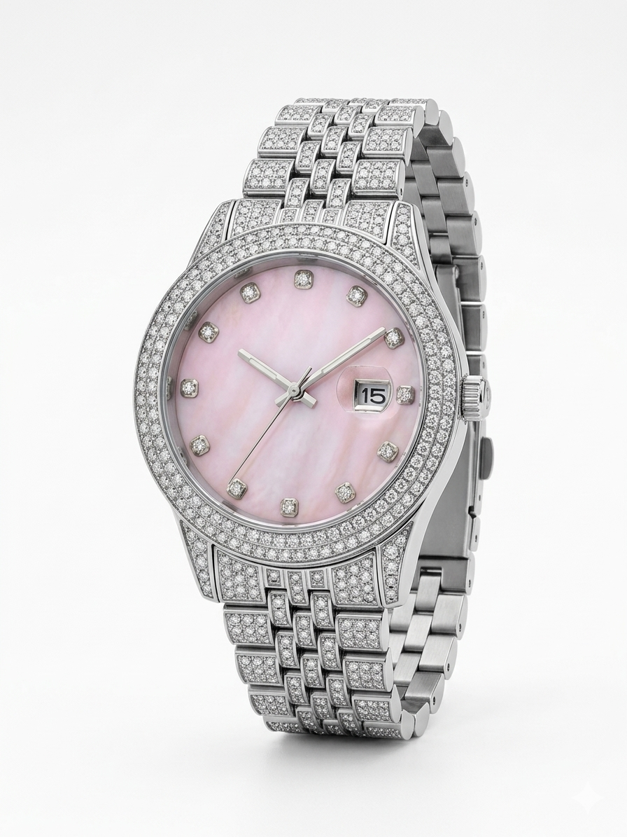 Big Daddy Bling watch on wrist showing pink dial, silver bracelet with crystal accents