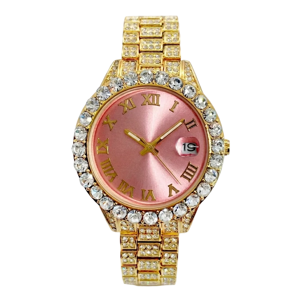 Gold watch with pink dial, Roman numerals, crystal bezel, and gold bracelet strap